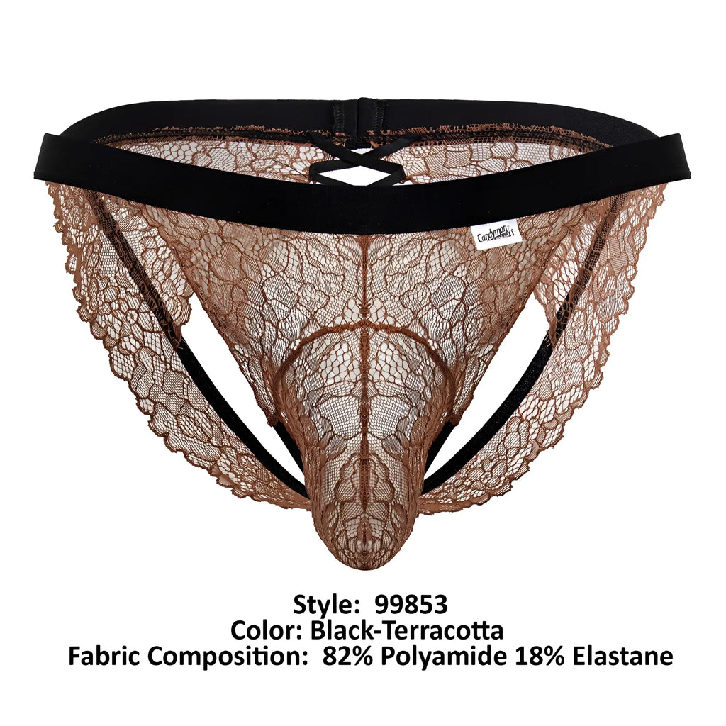 Black and terracotta lace thong jockstrap with supportive black elastic waistband candyMan 99853 front view