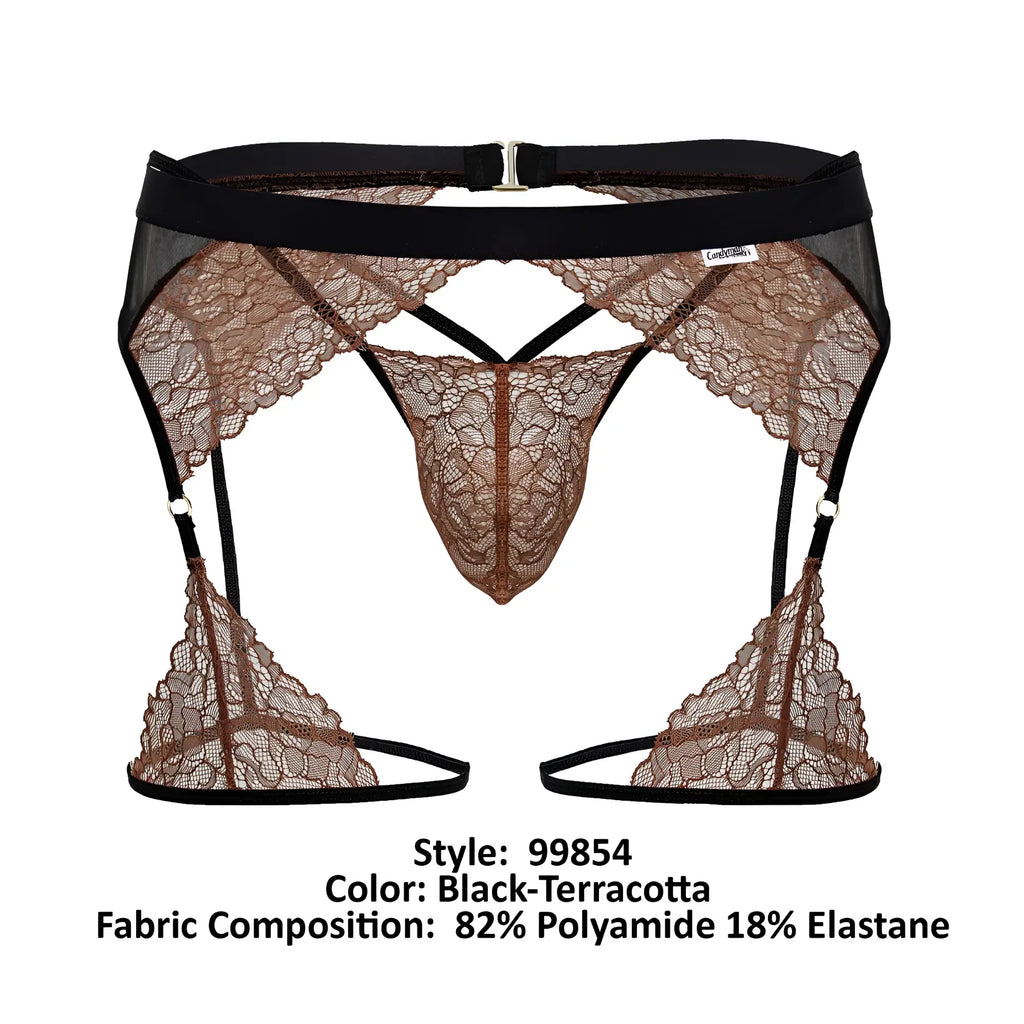 Black and terracotta lace garter belt with central thong design from Candyman 99854 lace-garter outfit
