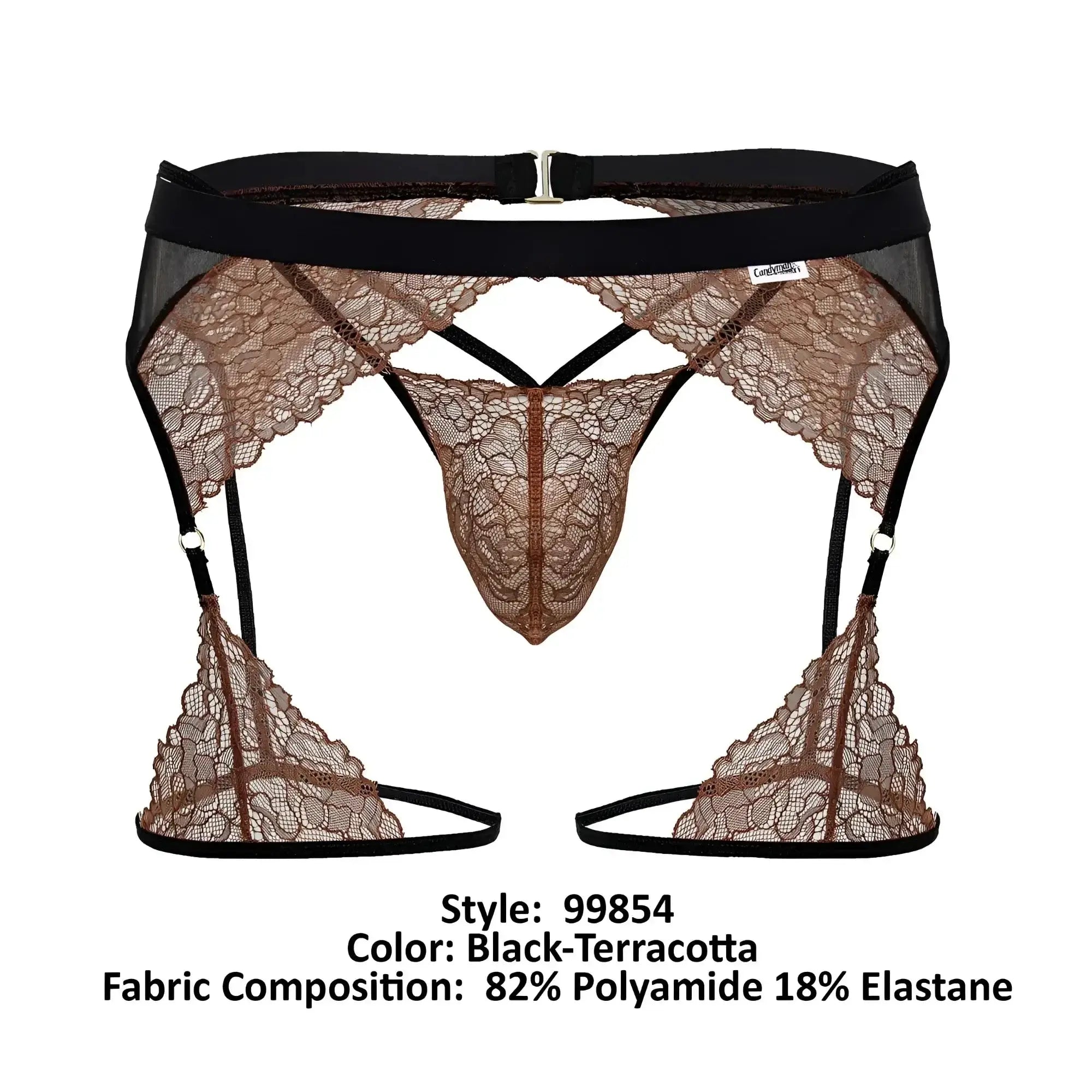 Black and terracotta lace garter belt with central thong design from Candyman 99854 lace-garter outfit