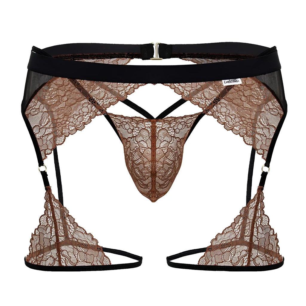 Brown lace garter belt with black elastic straps and silver buckle in candy man 99854 lace-garter outfit black-terracotta