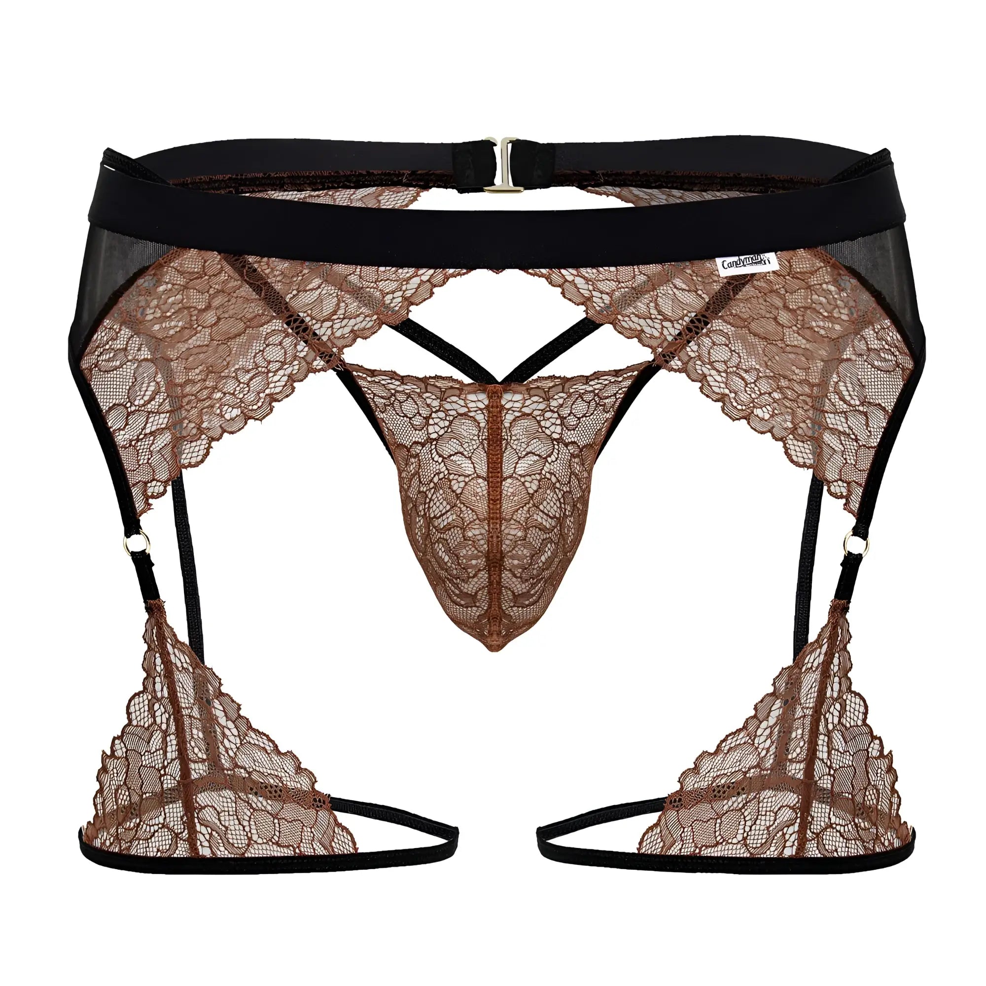 Brown lace garter belt with black elastic straps and silver buckle in candy man 99854 lace-garter outfit black-terracotta