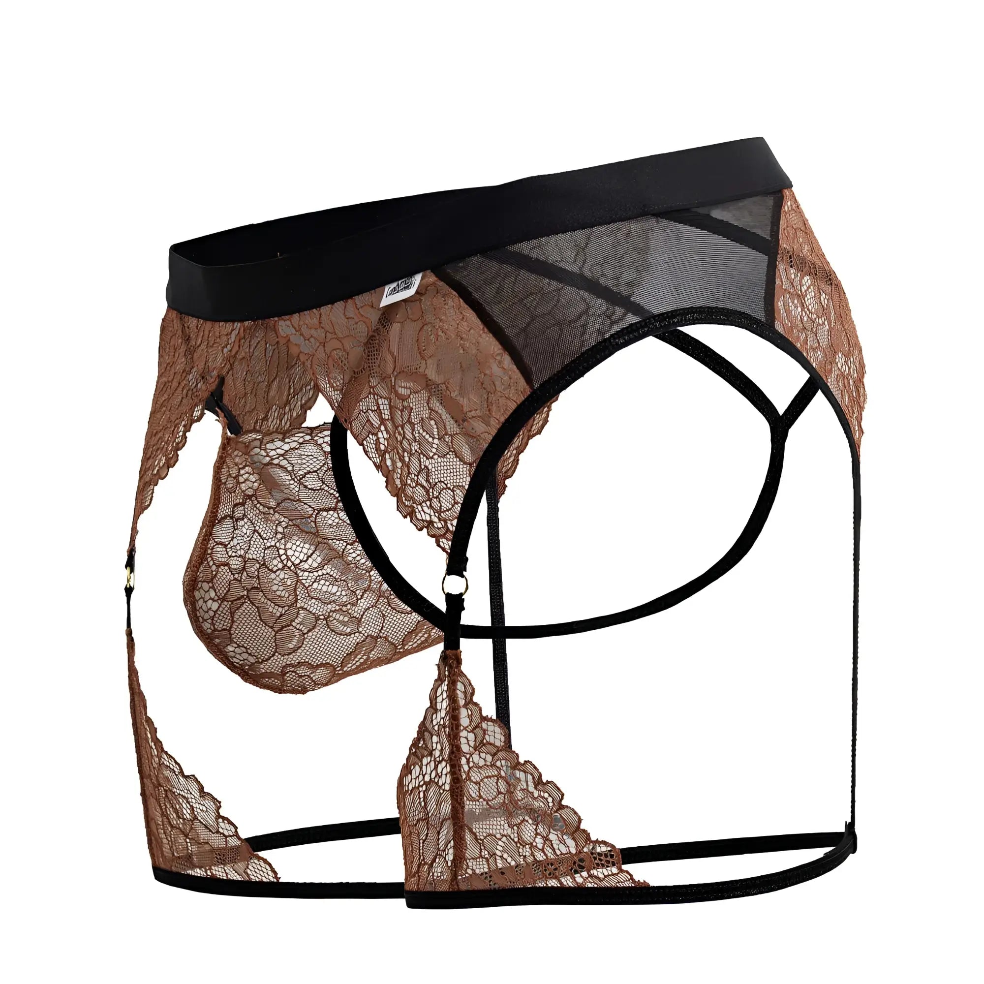 Brown lace suspenders with black elastic waistband and straps from candyman 99854 lace garter outfit in black terracotta