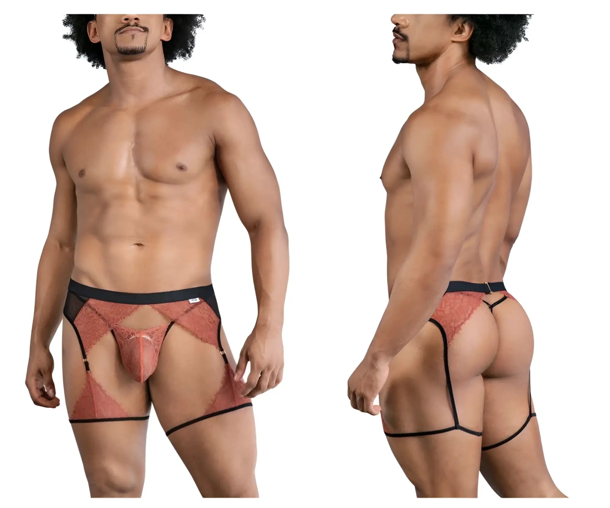 Rust-colored lace men’s briefs with black trim and garter straps from candyman 99854 lace-garter outfit