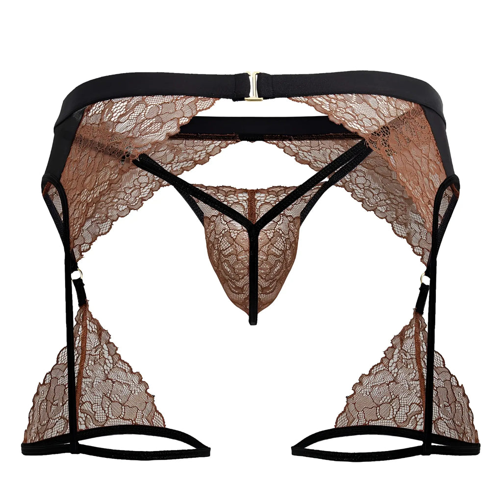 Black and tan lace lingerie set with high-waisted garter belt thong and triangular leg straps from candyman