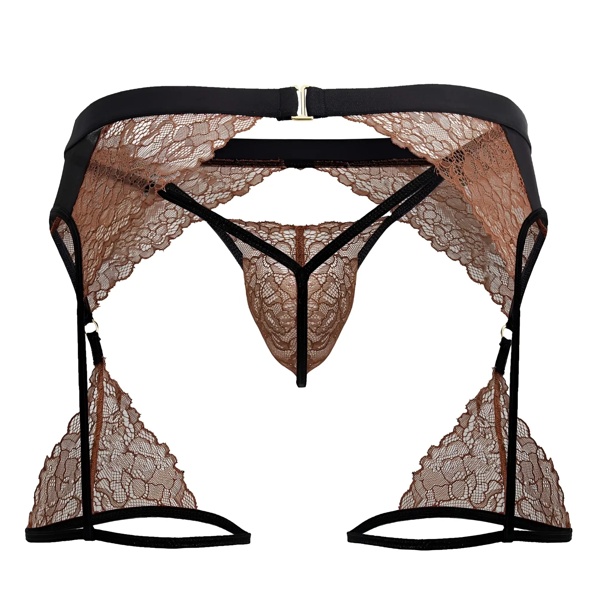 Black and tan lace lingerie set with high-waisted garter belt thong and triangular leg straps from candyman