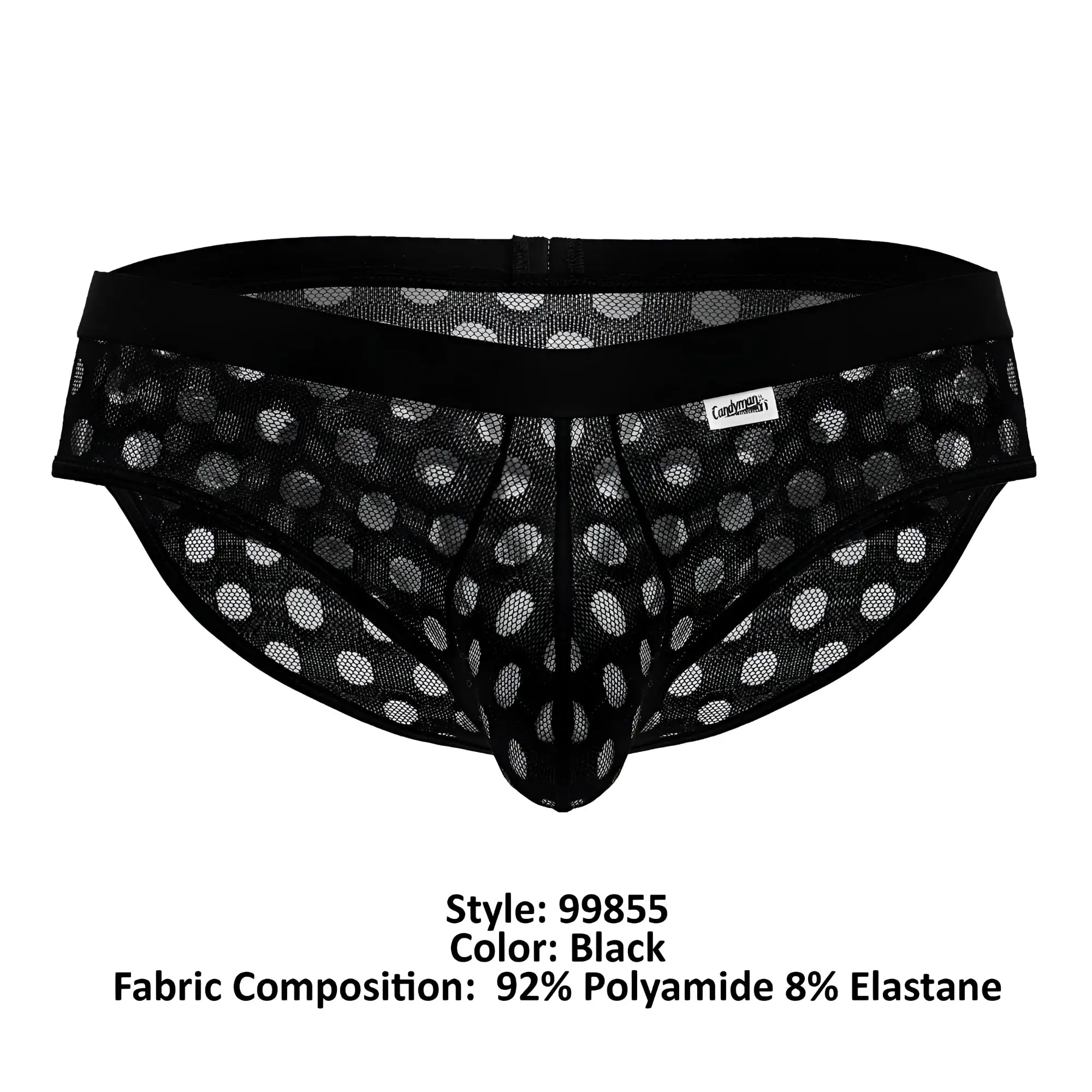 Black mesh briefs with polka dot pattern and solid black waistband candyMan 99855 polka mesh briefs color black
