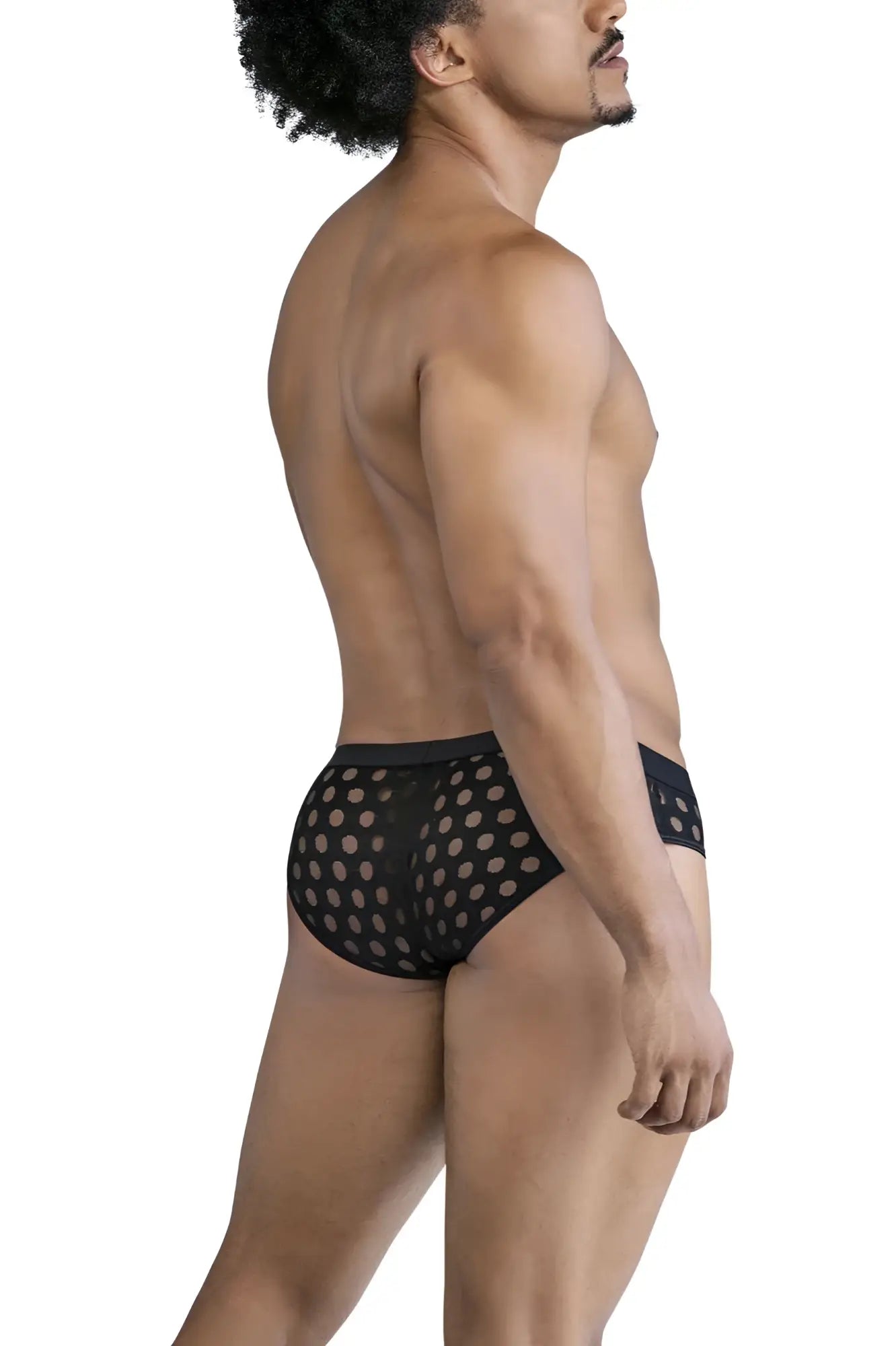 CandyMan 99855 polka mesh briefs in black with light beige polka dot pattern made of breathable mesh fabric