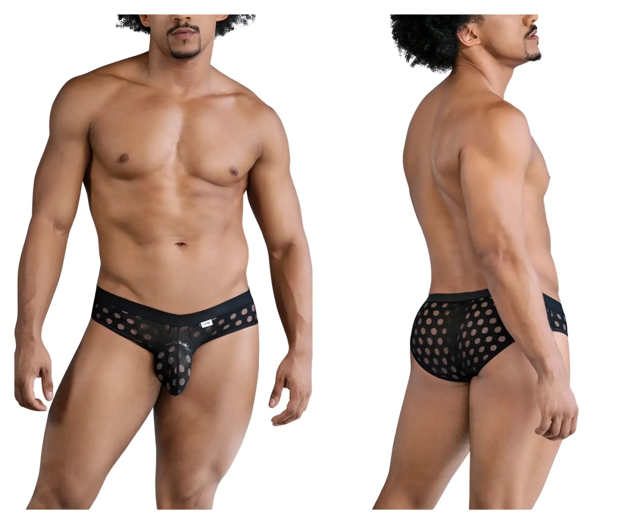 Black CandyMan 99855 mesh briefs with silver polka dot pattern showcasing breathable fabric and stylish design