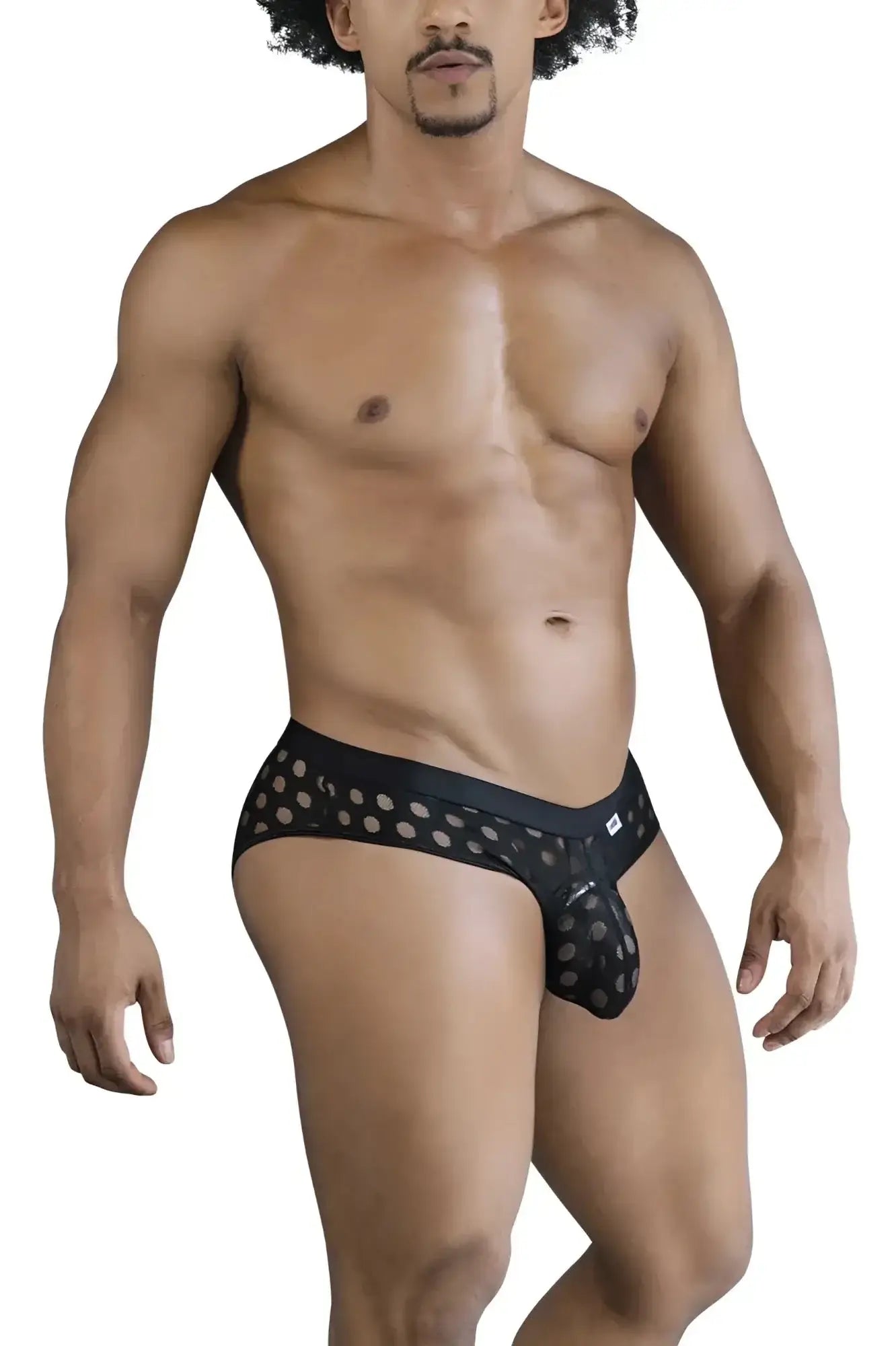 CandyMan 99855 black mesh briefs with polka dot pattern and solid black waistband in front view
