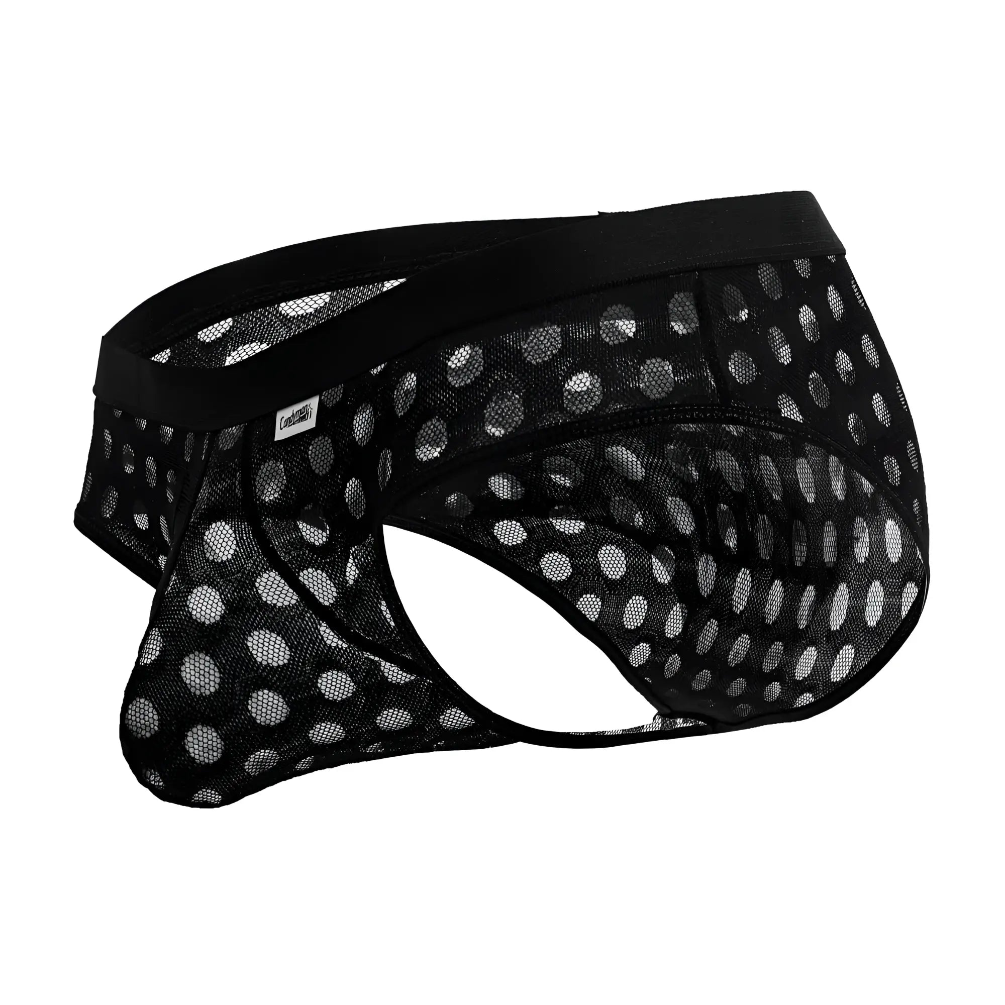 Black candyman 99855 mesh briefs with white polka dots and solid black elastic waistband