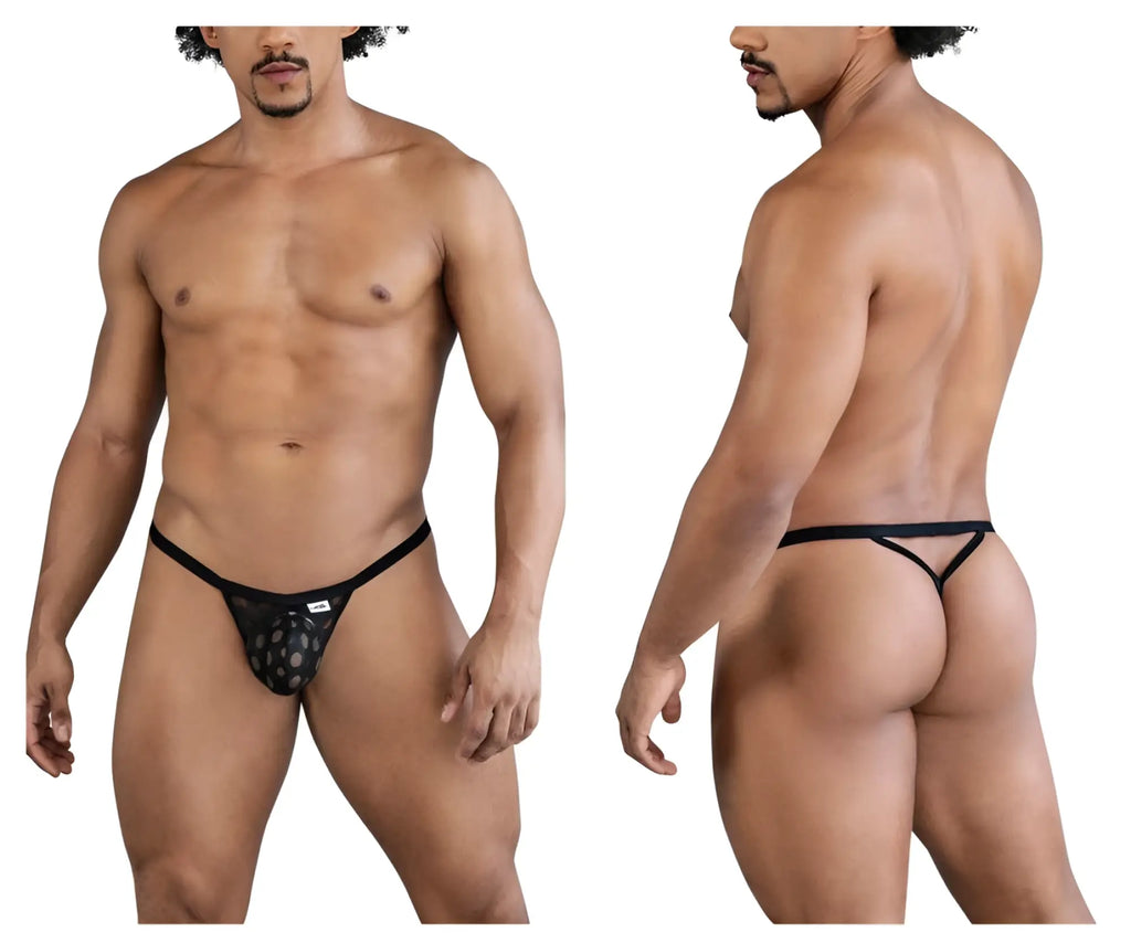 Black lace thong candyMan 99856 features a subtle polka mesh pattern with thin supportive straps in black
