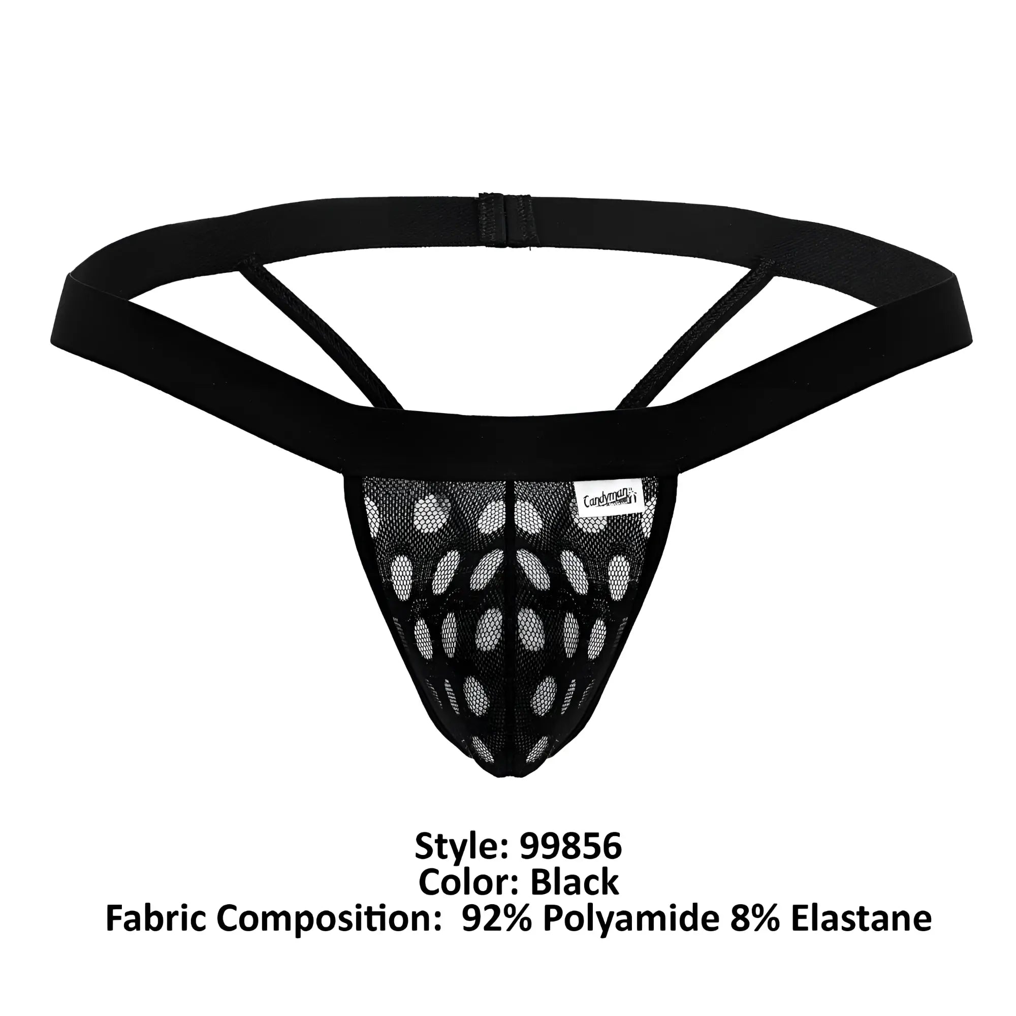 Black candyMan 99856 polka mesh thong with solid elastic waistband and circular cutouts showing the back side