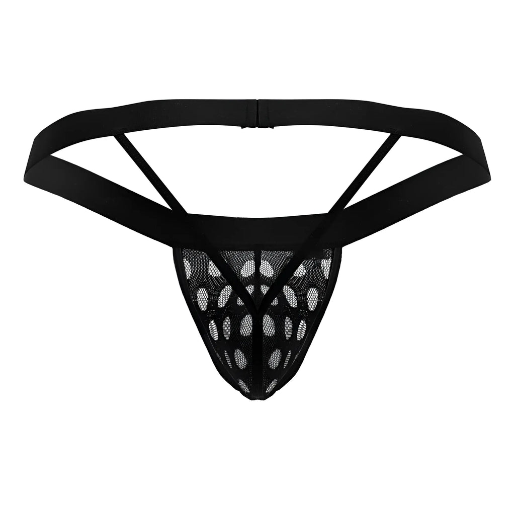 Black mesh thong with solid black elastic waistband and triangular cutouts candyMan 99856 polka mesh thongs black