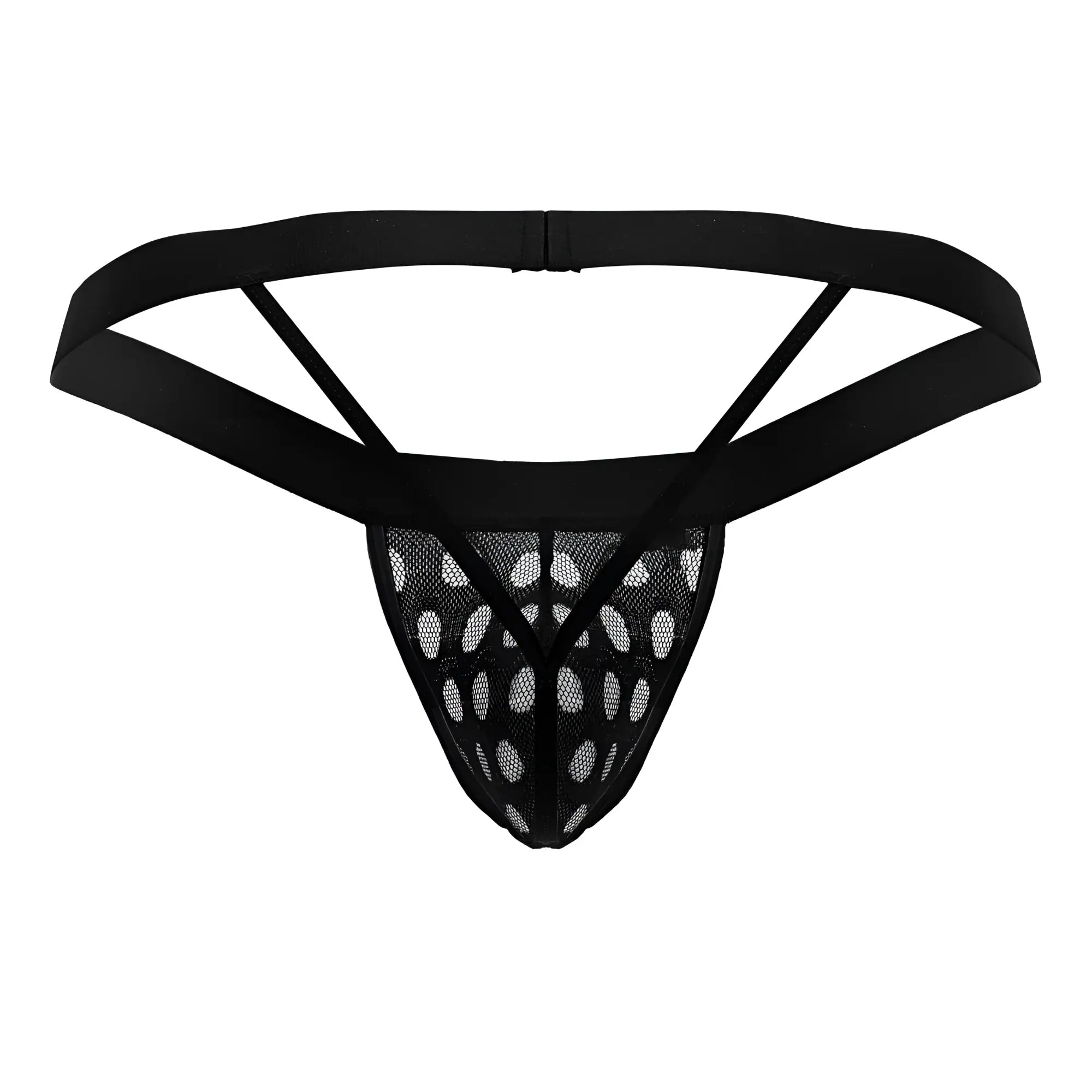 Black mesh thong with solid black elastic waistband and triangular cutouts candyMan 99856 polka mesh thongs black