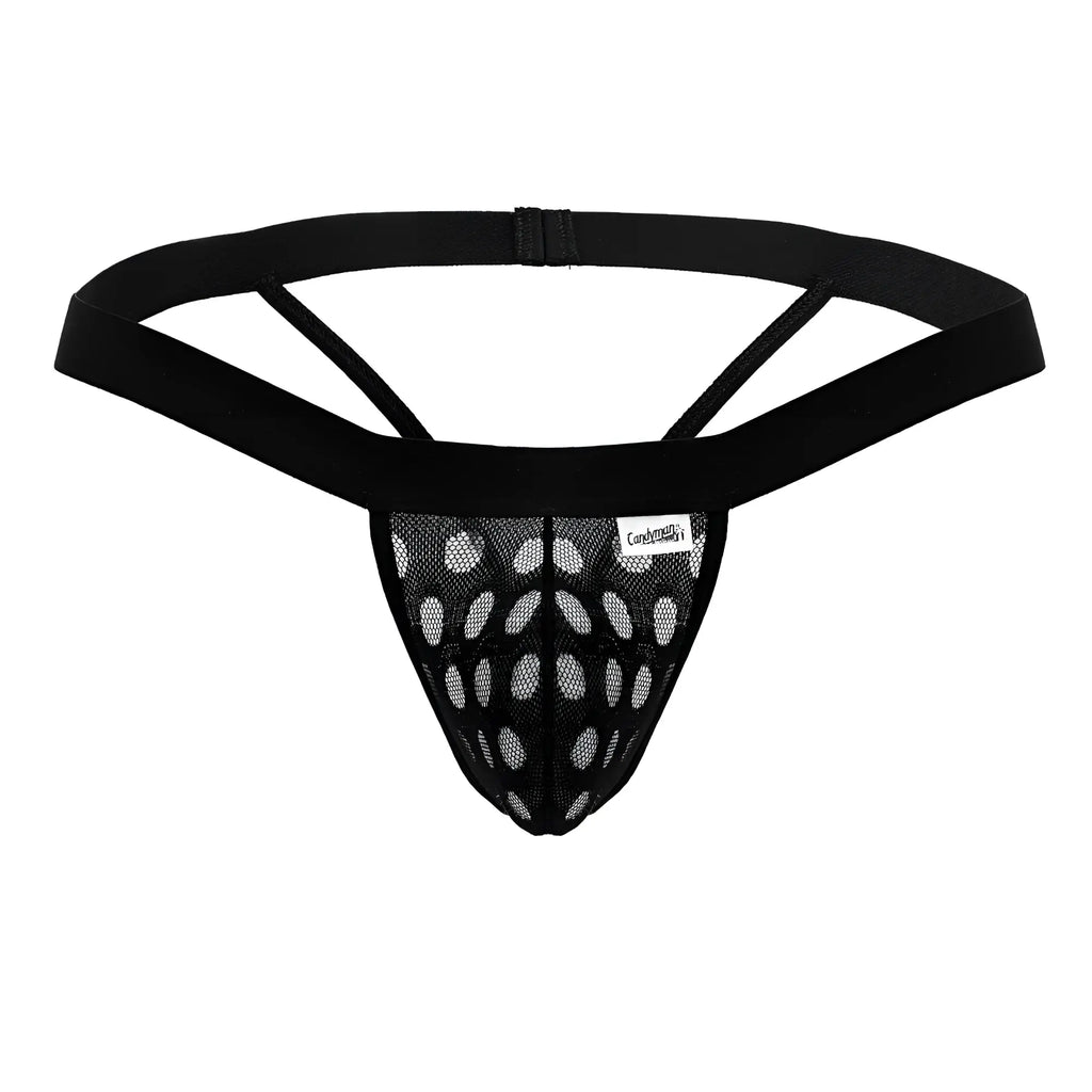 CandyMan 99856 polka mesh thong in black with oval pattern, solid waistband, and adjustable straps, front view