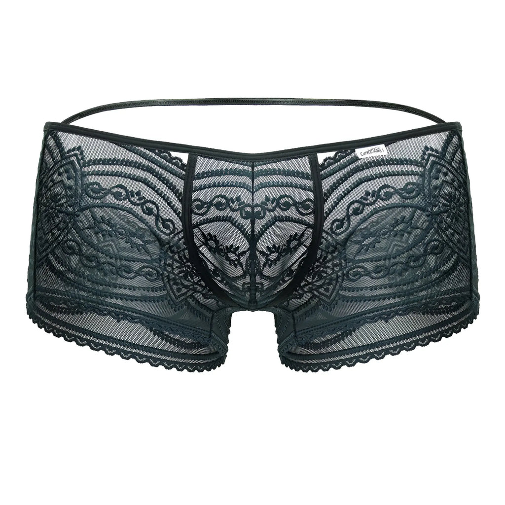 Black lace men’s underwear trunks candyMan 99857 in green with intricate floral patterns and scalloped edges