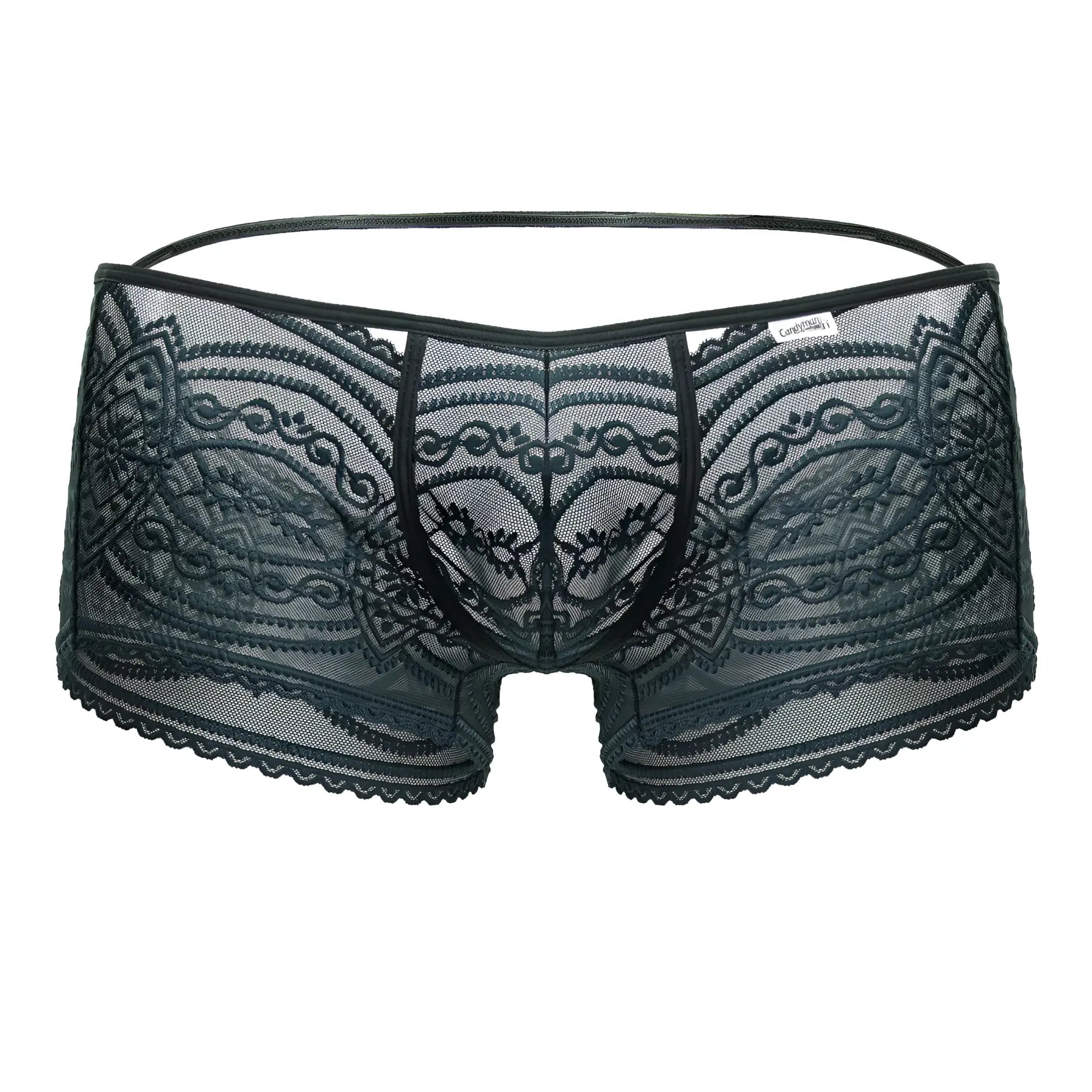 Black lace men’s underwear trunks candyMan 99857 in green with intricate floral patterns and scalloped edges