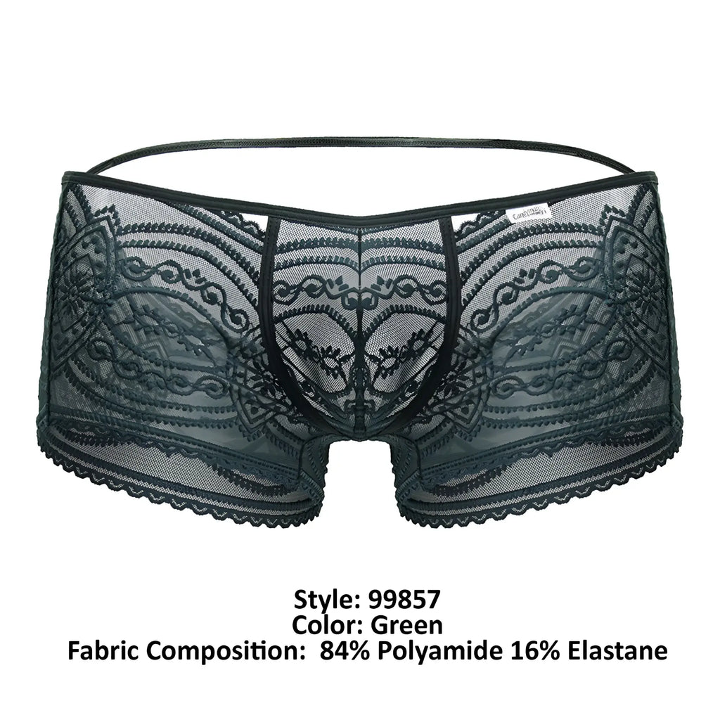 CandyMan 99857 lace trunks green men’s underwear with black floral lace and sheer mesh texture front view