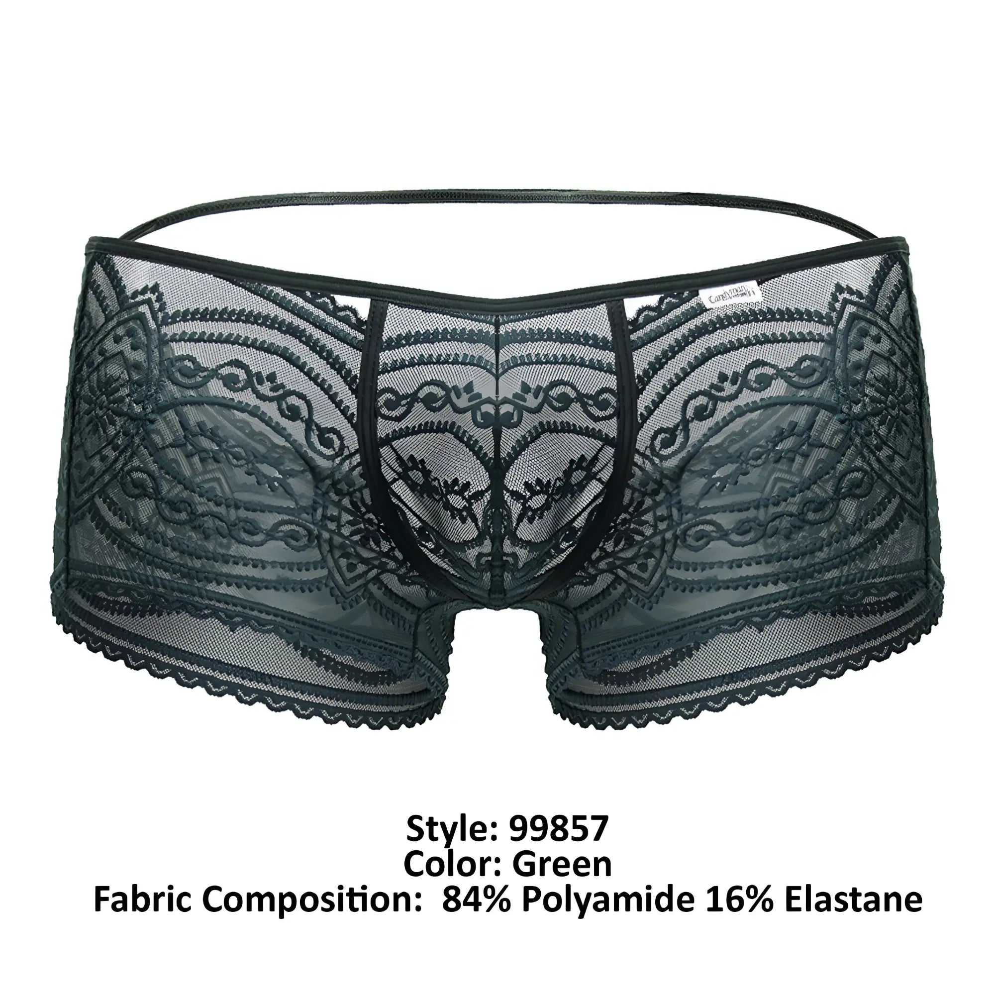 CandyMan 99857 lace trunks green men’s underwear with black floral lace and sheer mesh texture front view
