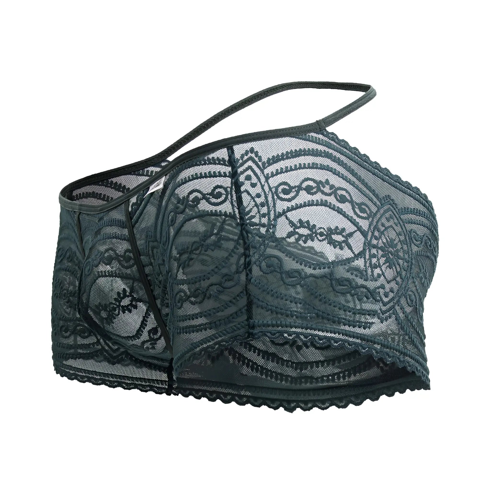 Dark gray lace bra with intricate floral patterns and thin straps from CandyMan 99857 lace trunks green collection