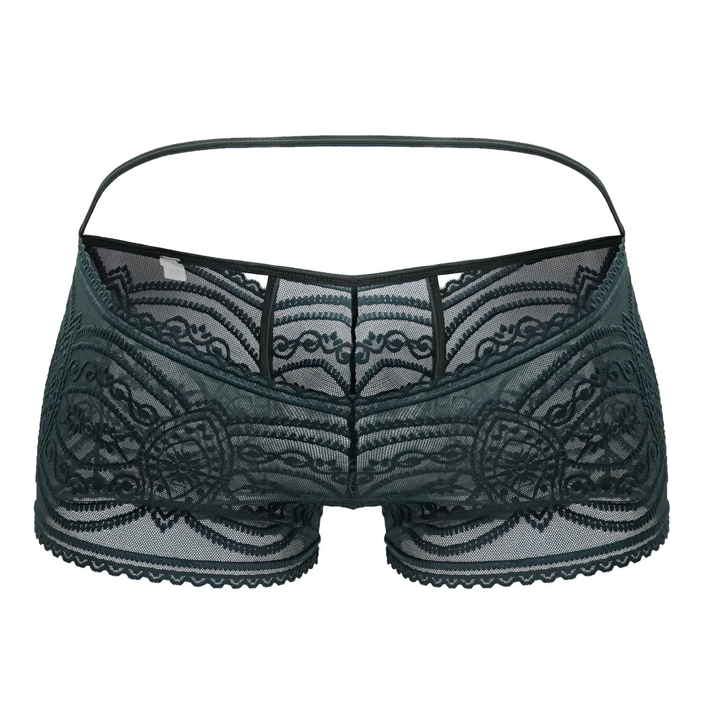 Dark green CandyMan 99857 lace trunks with intricate floral patterns and a thin matching waistband