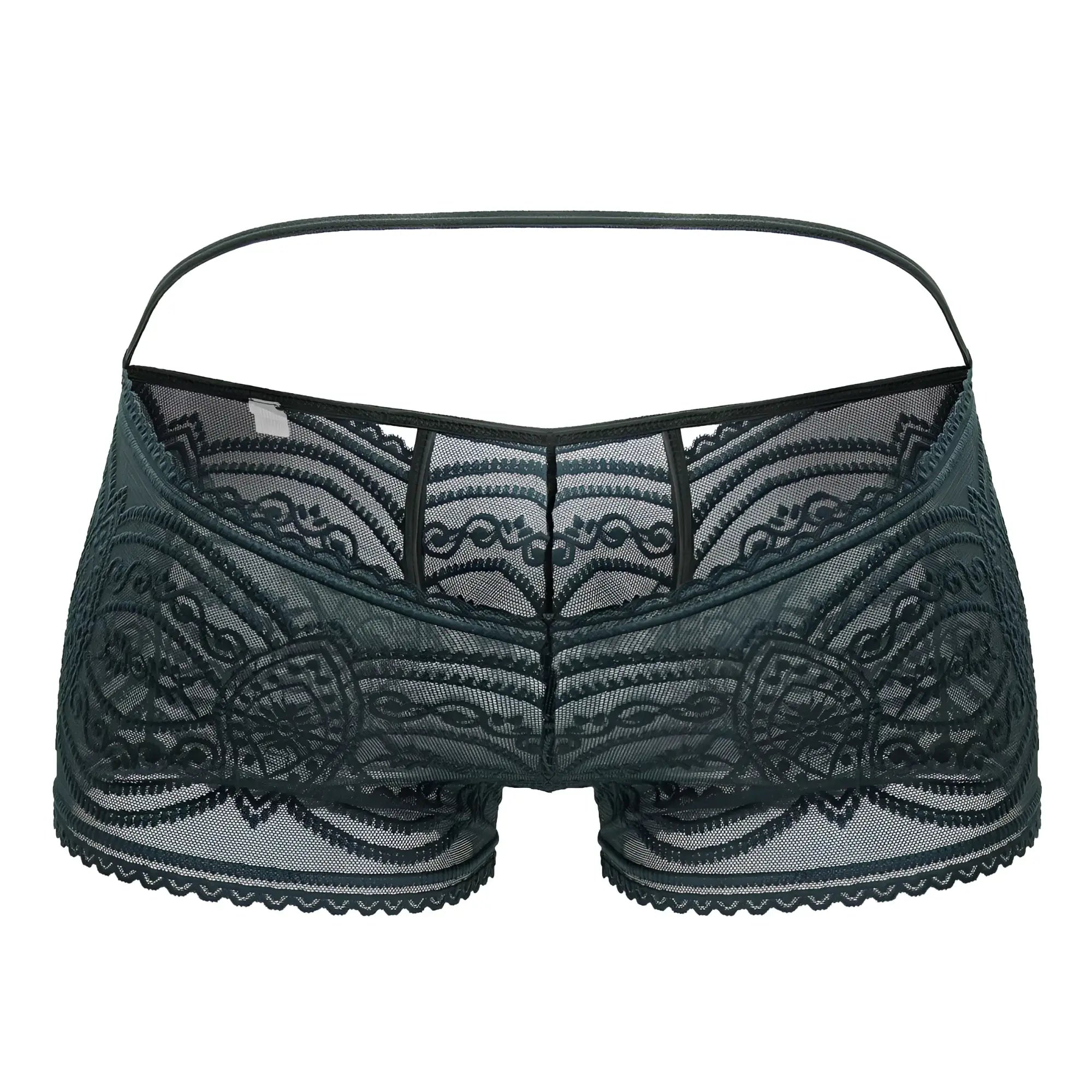 Dark green CandyMan 99857 lace trunks with intricate floral patterns and a thin matching waistband