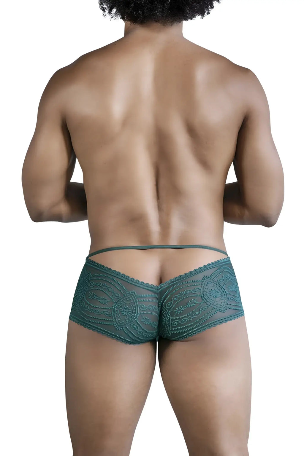 CandyMan 99857 lace trunks in green feature teal lace briefs with intricate floral patterns and a sheer delicate design