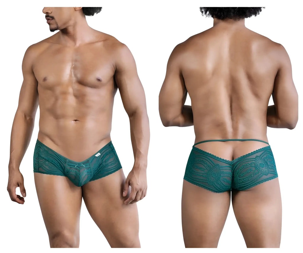 Teal lace men’s briefs candyMan 99857 with intricate floral pattern and back tie design shown from the back side