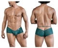 Teal lace men’s briefs candyMan 99857 with intricate floral pattern and back tie design shown from the back side
