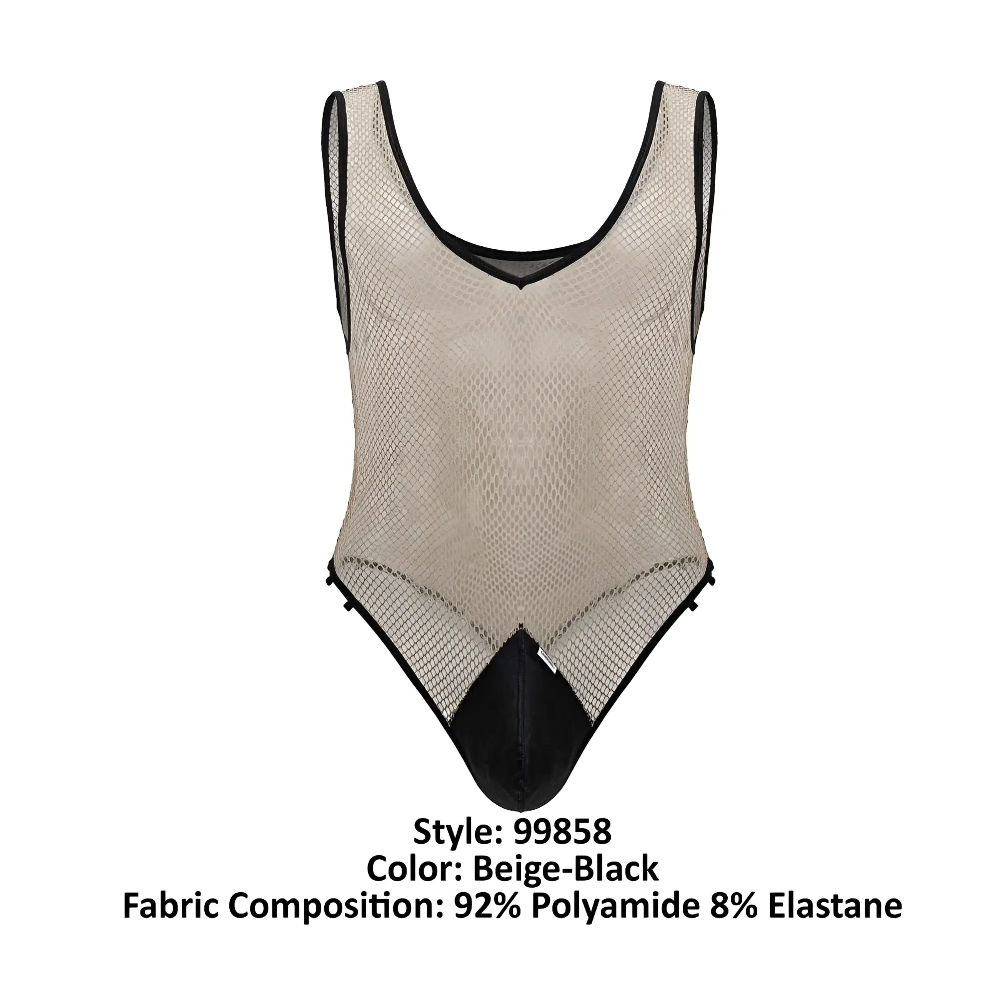 Beig and black mesh fishnet one-piece bodysuit with v-neckline and solid black trim by candyman model 99858