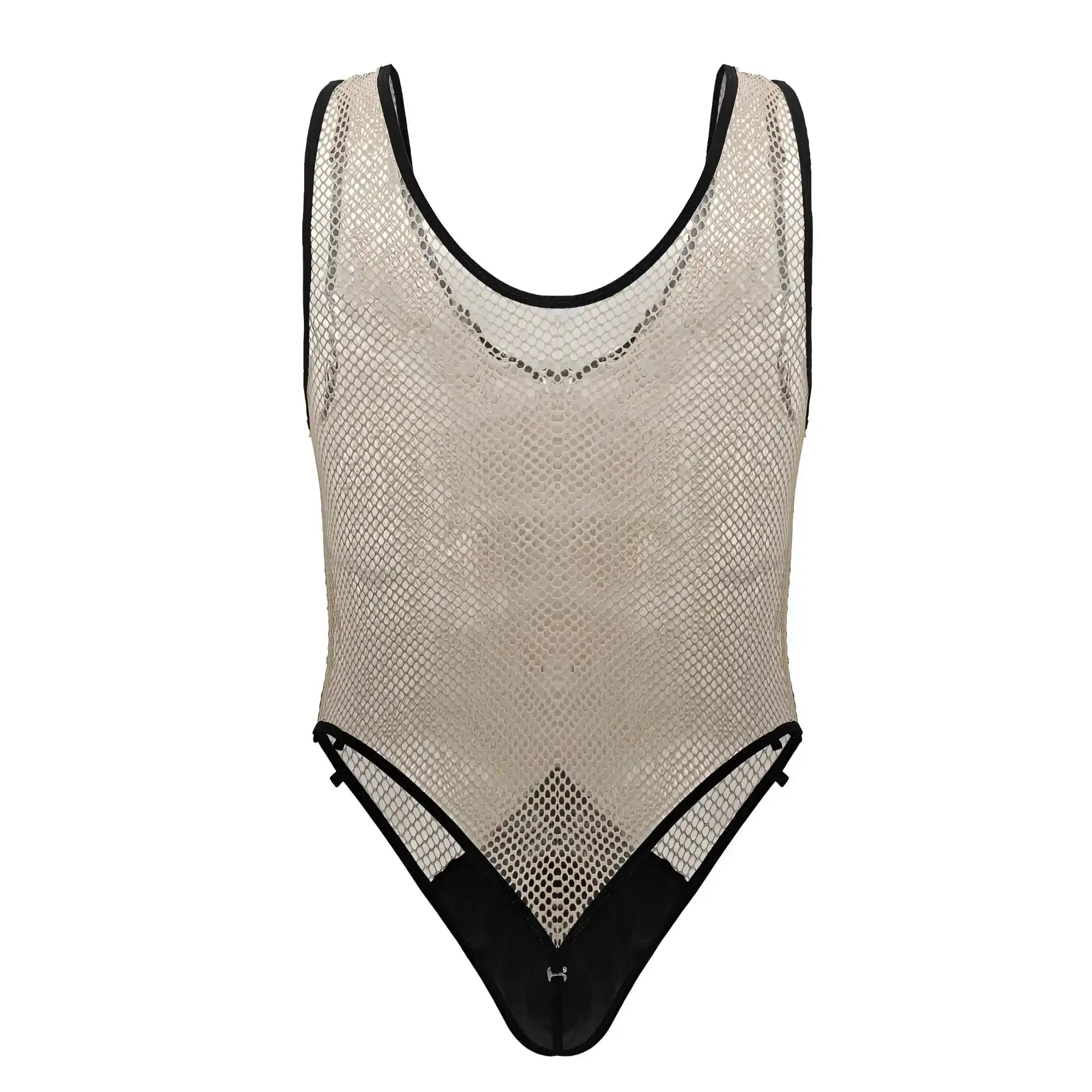 Beige mesh one-piece candy man 99858 fishnet bodysuit with black trim and subtle geometric pattern