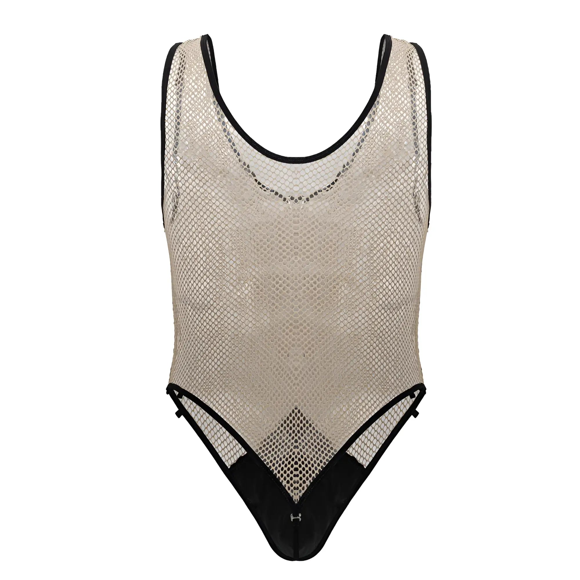 Beige mesh one-piece candy man 99858 fishnet bodysuit with black trim and subtle geometric pattern