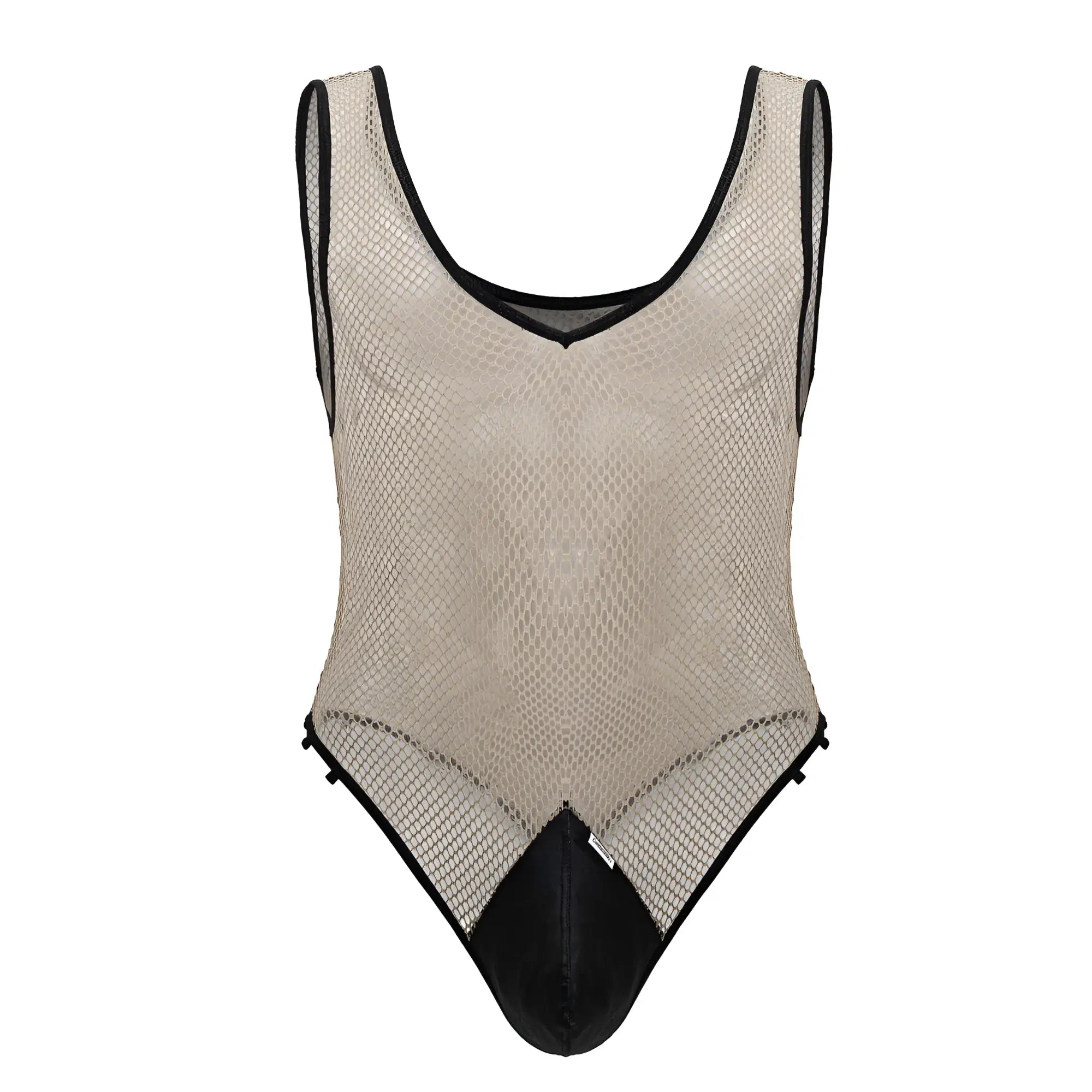Beigeblack CandyMan 99858 fishnet one-piece bodysuit with black trim and solid black crotch panel