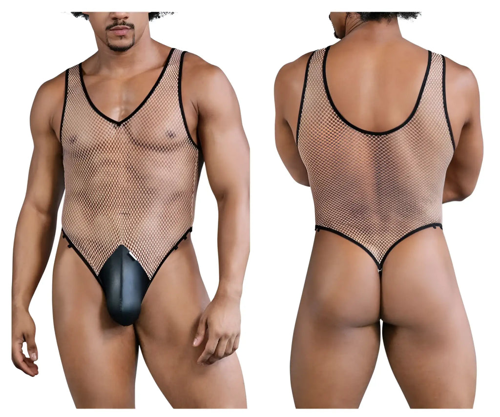 CandyMan 99858 fishnet bodysuit in beige black with black mesh and solid padded crotch panel