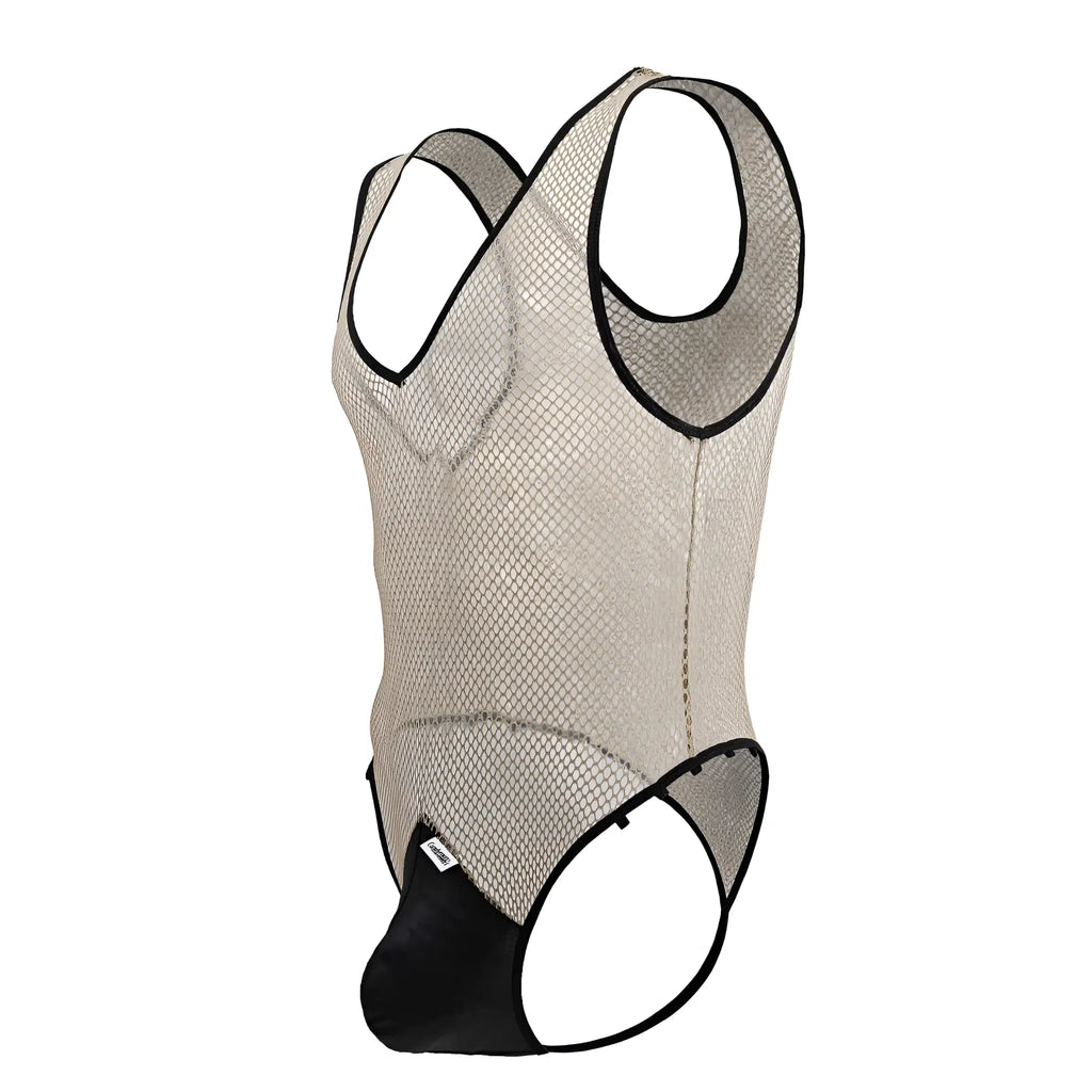 Beige fishnet bodysuit with black trim and solid black crotch panel candyMan 99858 for a bold look