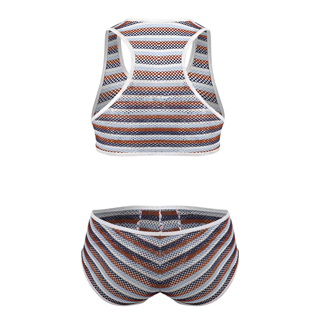 Striped mesh two-piece outfit in brown navy blue and white from candyman 99859 color stripes collection