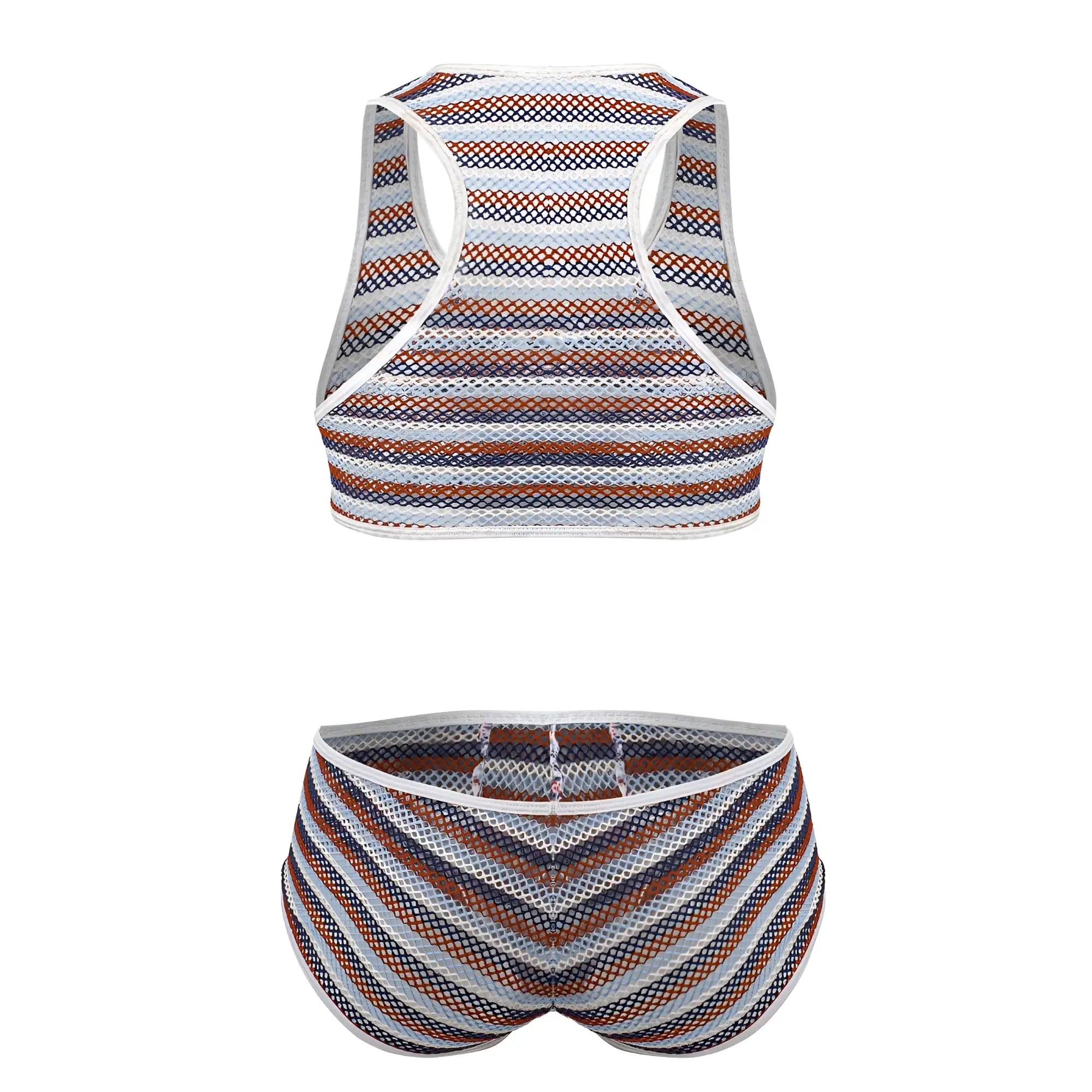 Striped mesh two-piece outfit in brown navy blue and white from candyman 99859 color stripes collection