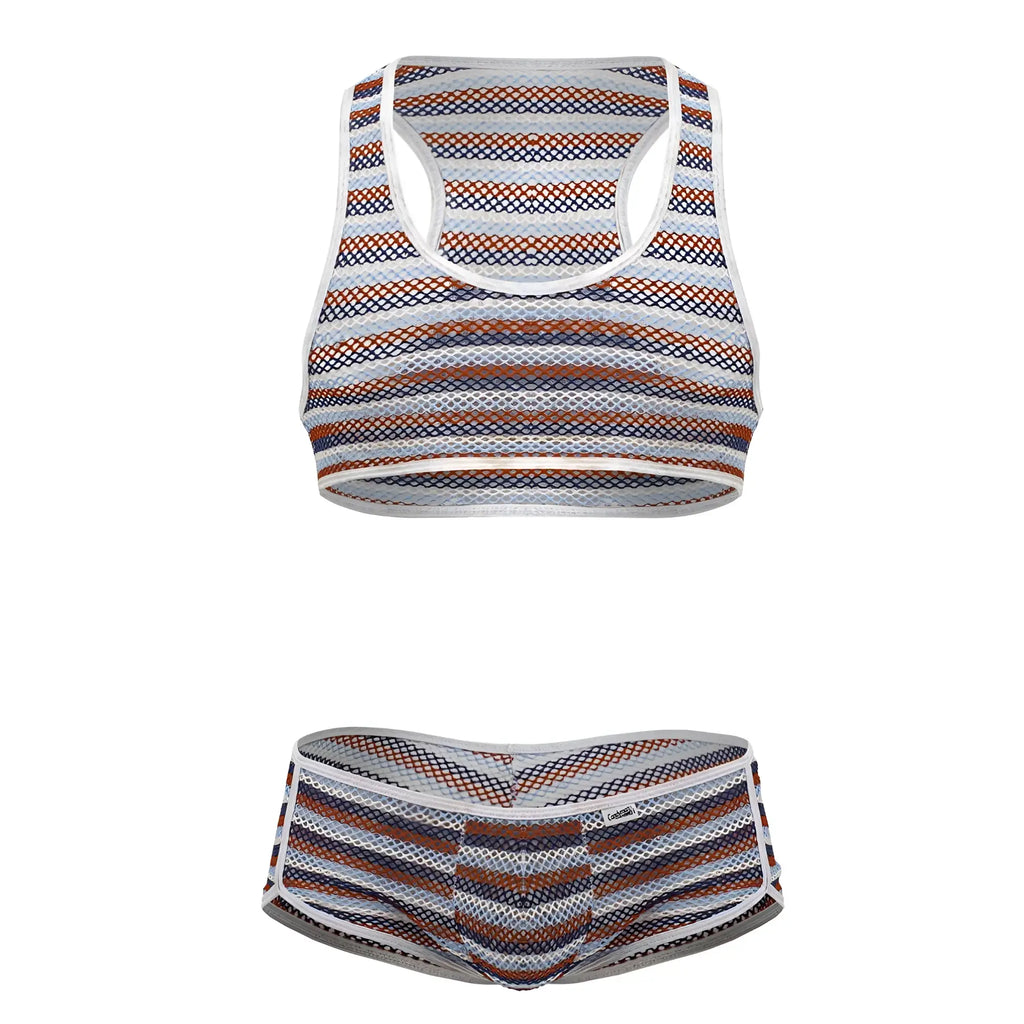 CandyMan 99859 two piece outfit striped mesh sports bra and briefs in white navy blue and rust orange hues