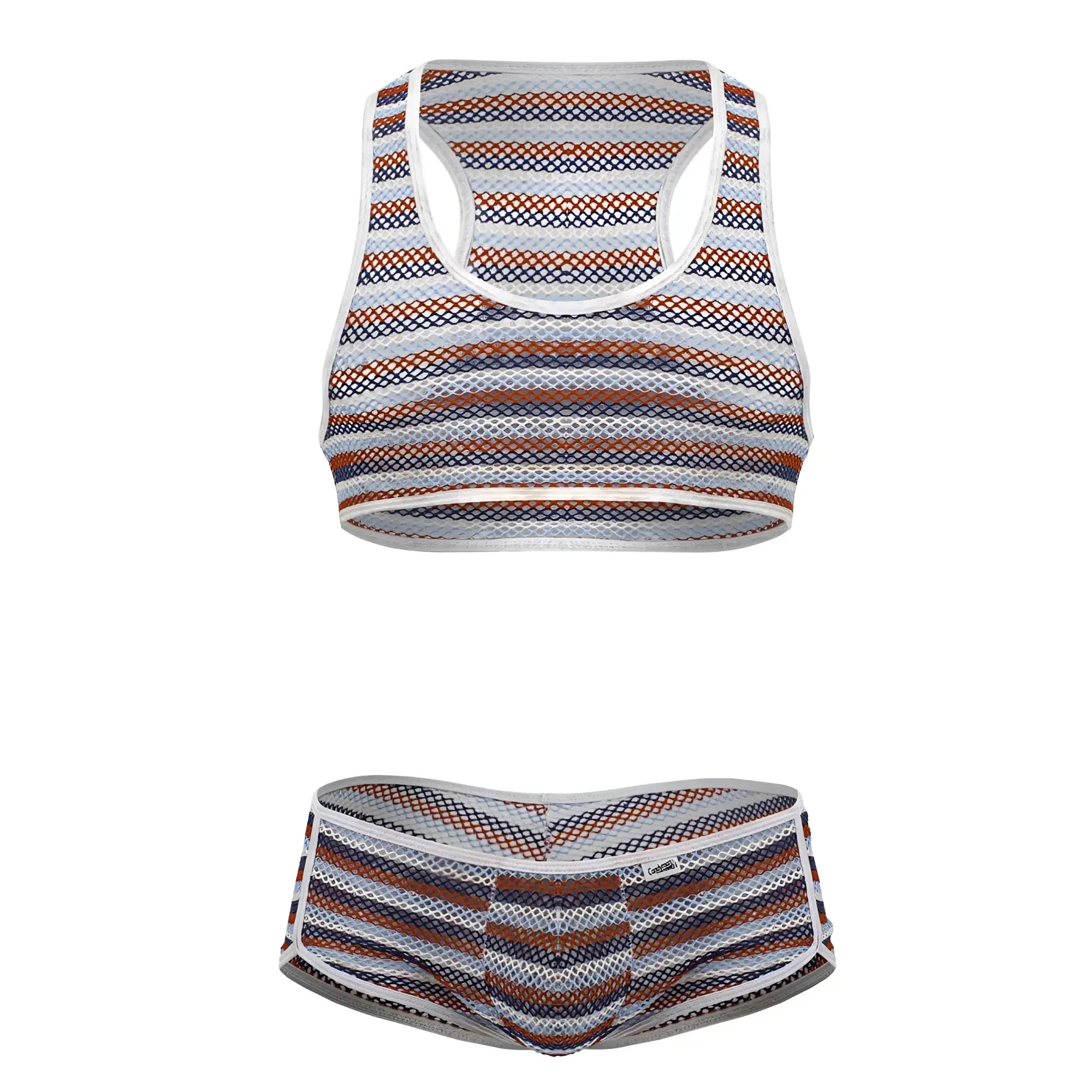 CandyMan 99859 two piece outfit striped mesh sports bra and briefs in white navy blue and rust orange hues