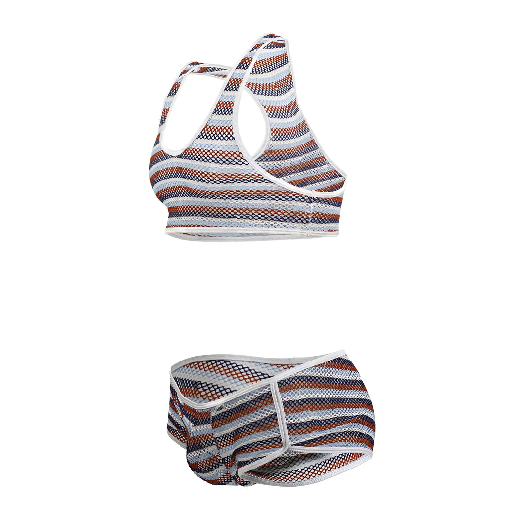 CandyMan 99859 two piece outfit color stripes striped mesh sports bra and matching briefs in white navy blue and rust orange