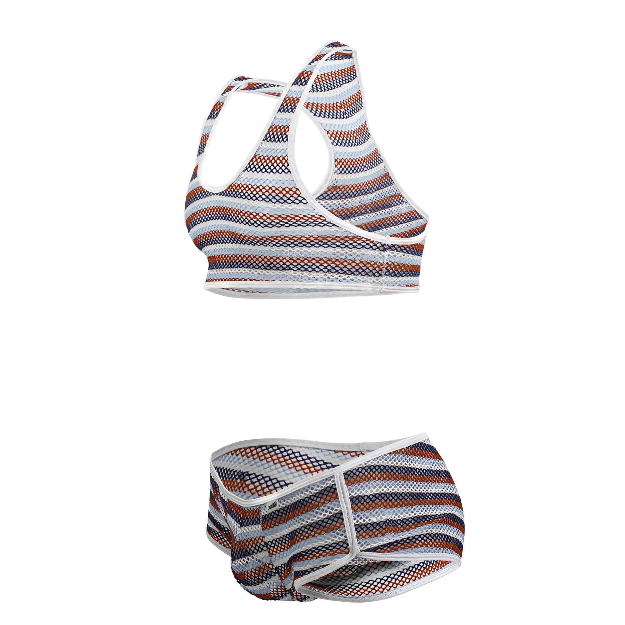 CandyMan 99859 two piece outfit color stripes striped mesh sports bra and matching briefs in white navy blue and rust orange