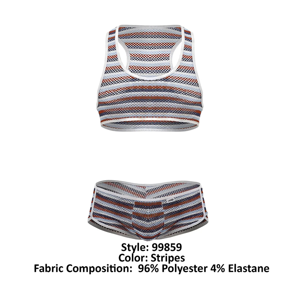 CandyMan 99859 two piece outfit with striped mesh tank top and matching briefs in white navy blue and rust colors