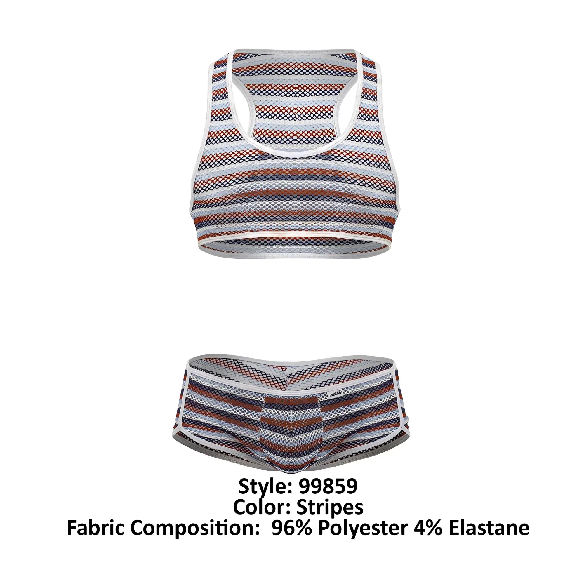 CandyMan 99859 two piece outfit with striped mesh tank top and matching briefs in white navy blue and rust colors