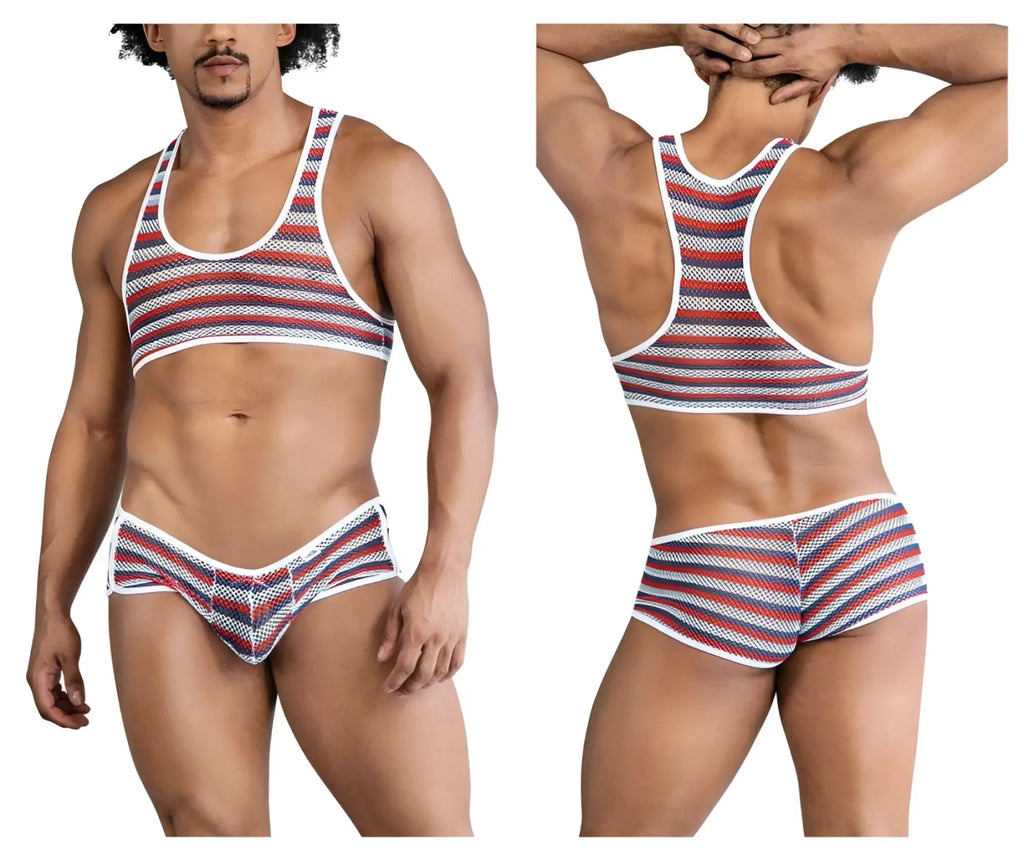 CandyMan 99859 two piece outfit with striped red white and navy blue mesh tank top and briefs set