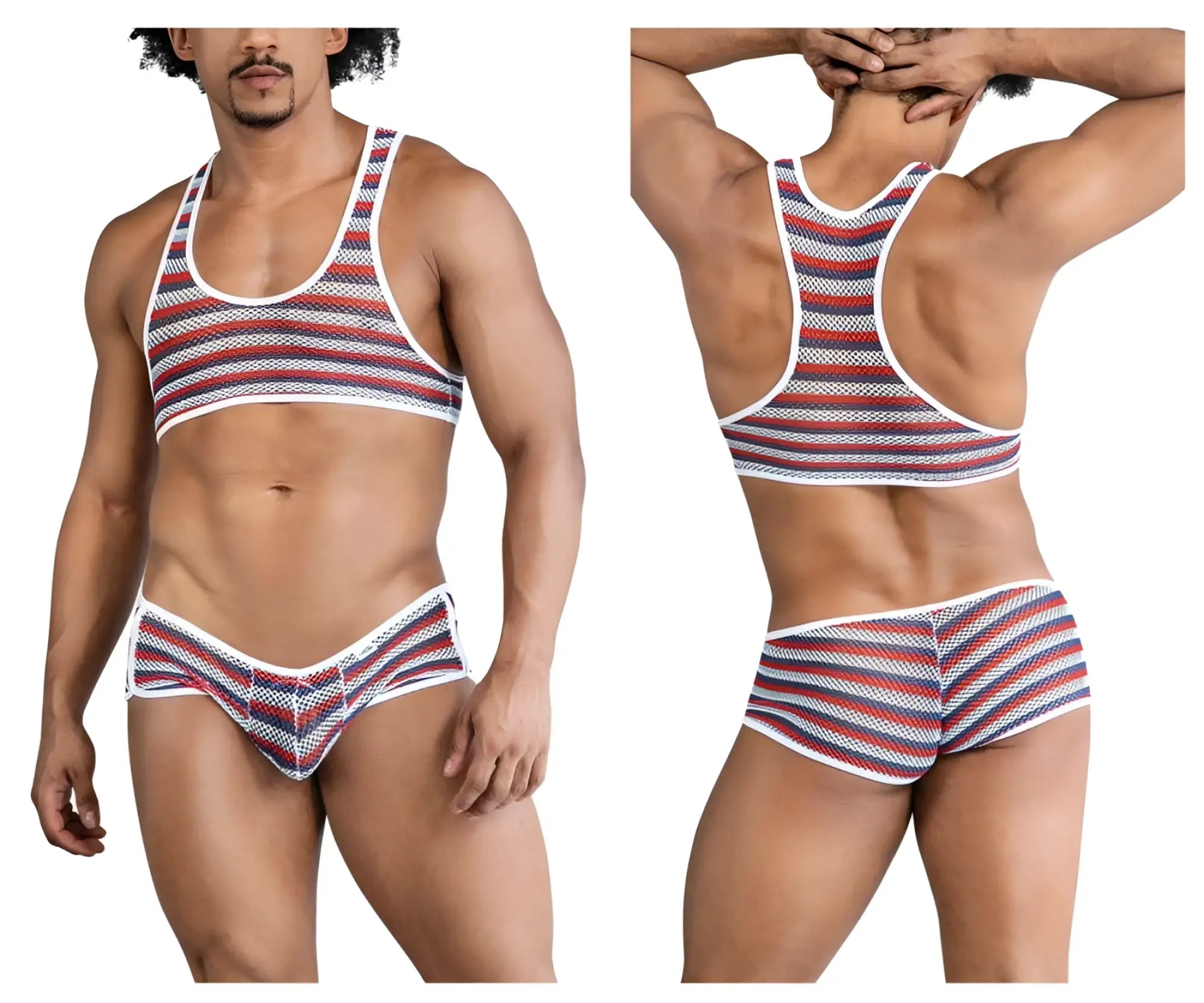 CandyMan 99859 two piece outfit with striped red white and navy blue mesh tank top and briefs set