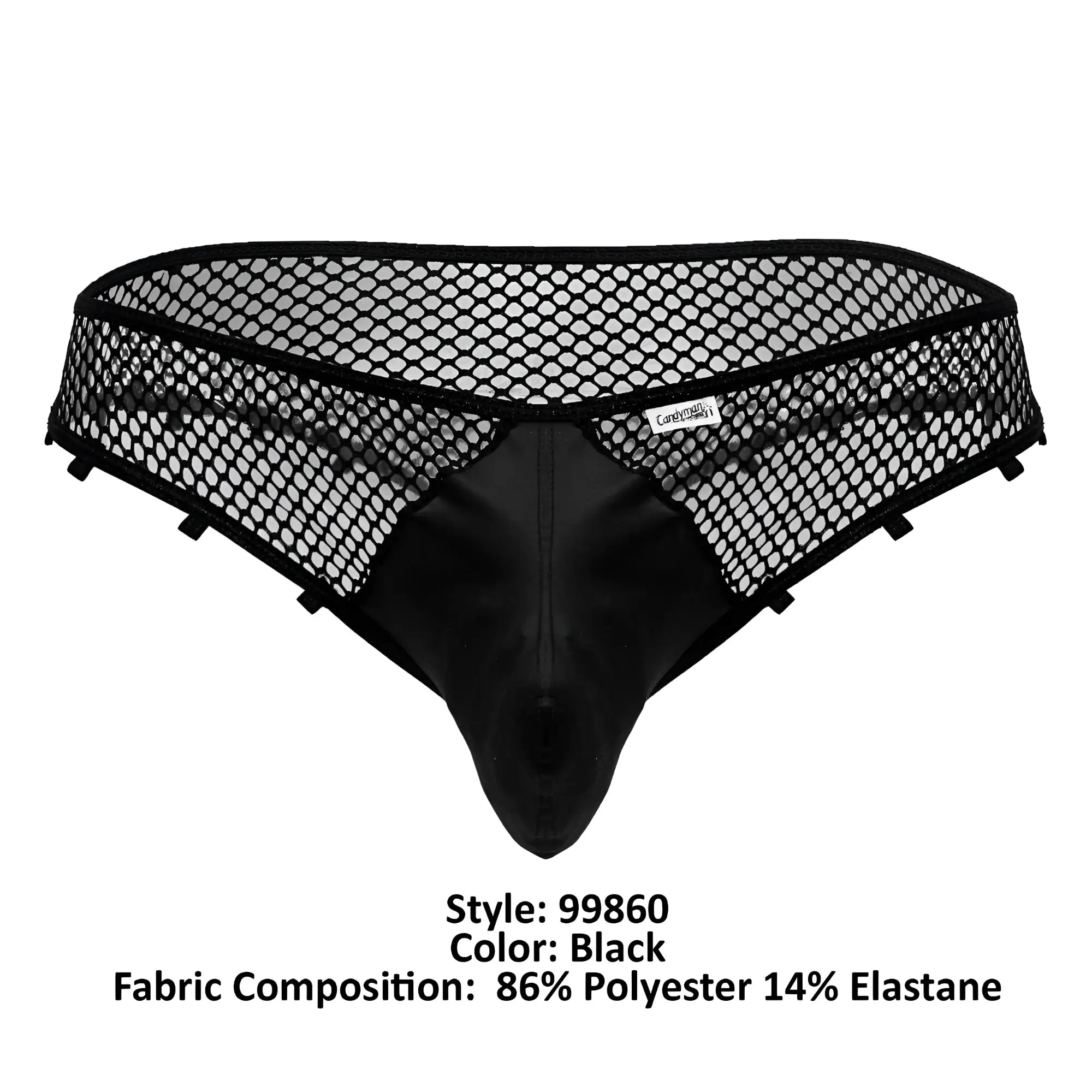 CandyMan 99860 black fishnet thongs with satin briefs and a solid central panel in black mesh and satin materials
