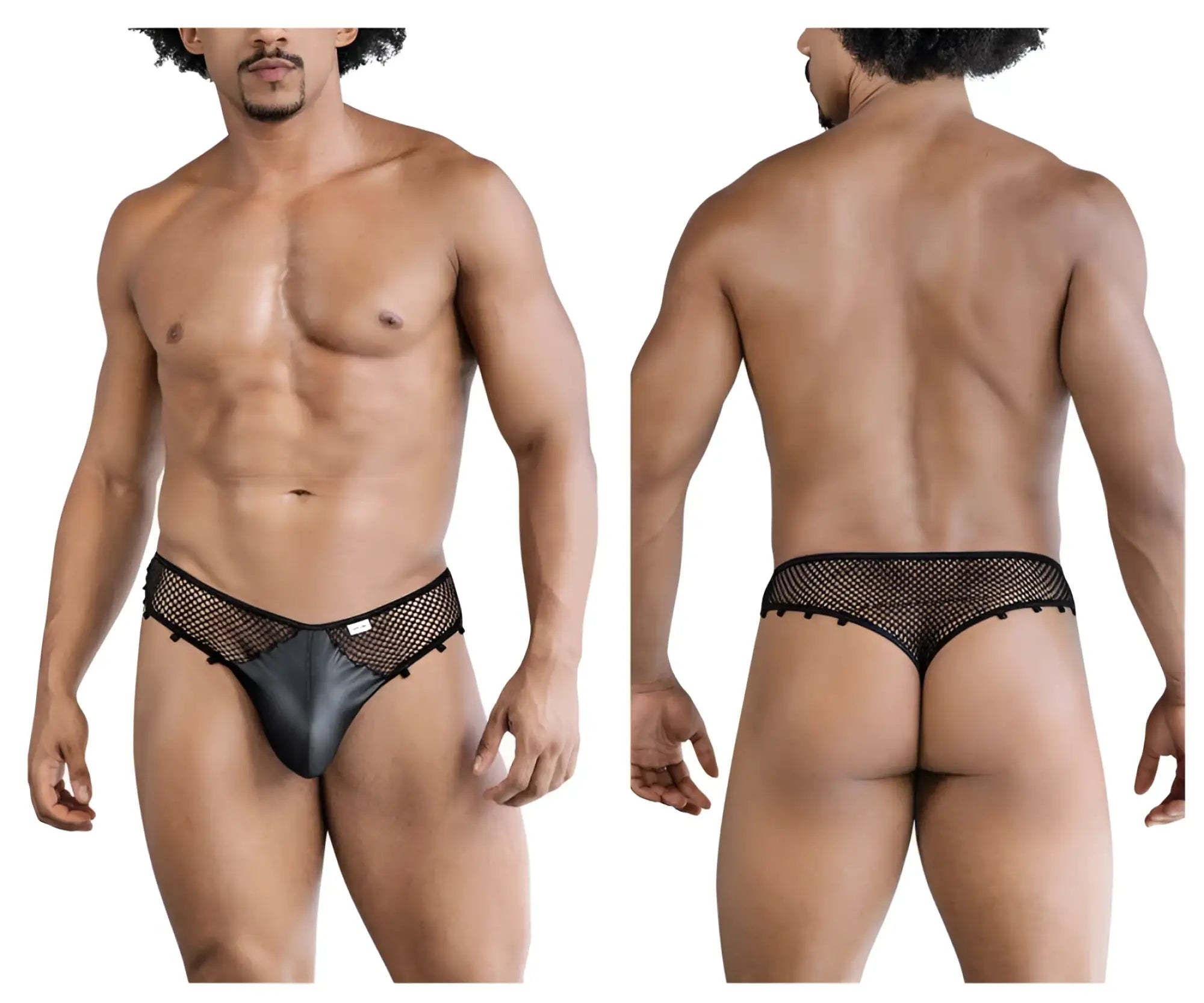 CandyMan 99860 fishnet thongs in black with black mesh and satin fabric and a sleek form-fitting design