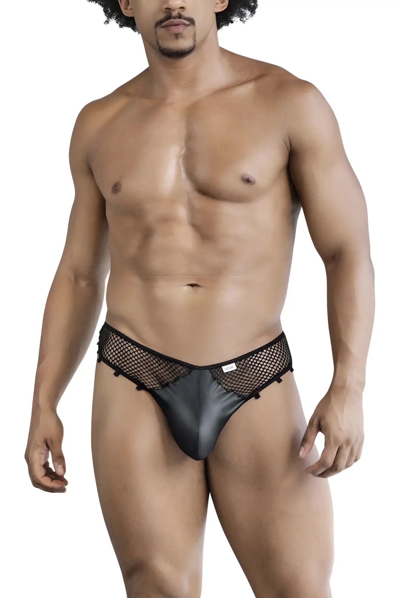 Black mesh and satin candy man 99860 fishnet thongs with a sleek modern design in black color front view