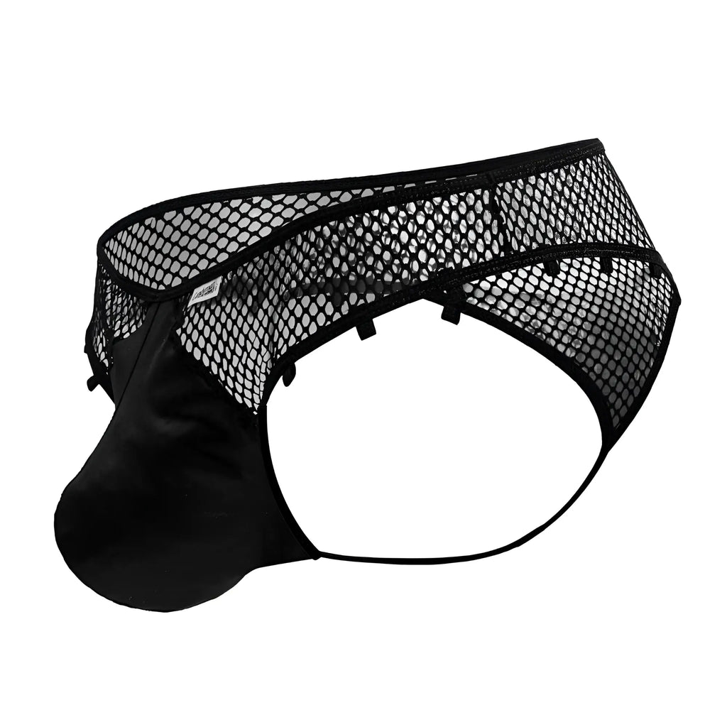 Black candyman 99860 fishnet thongs with solid satin pouch and adjustable straps mesh briefs design