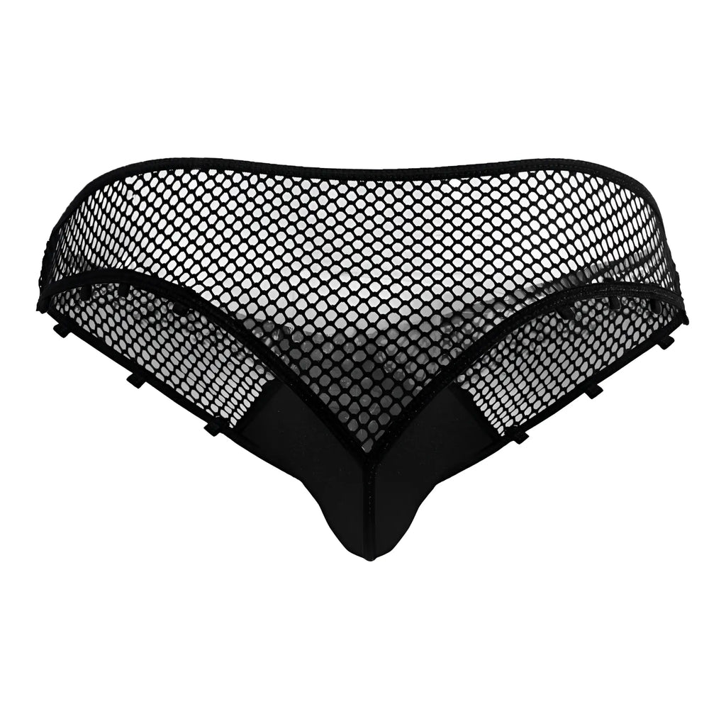 Black mesh thong with solid fabric back and side panels by candyman 99860 fishnet thongs color black back view